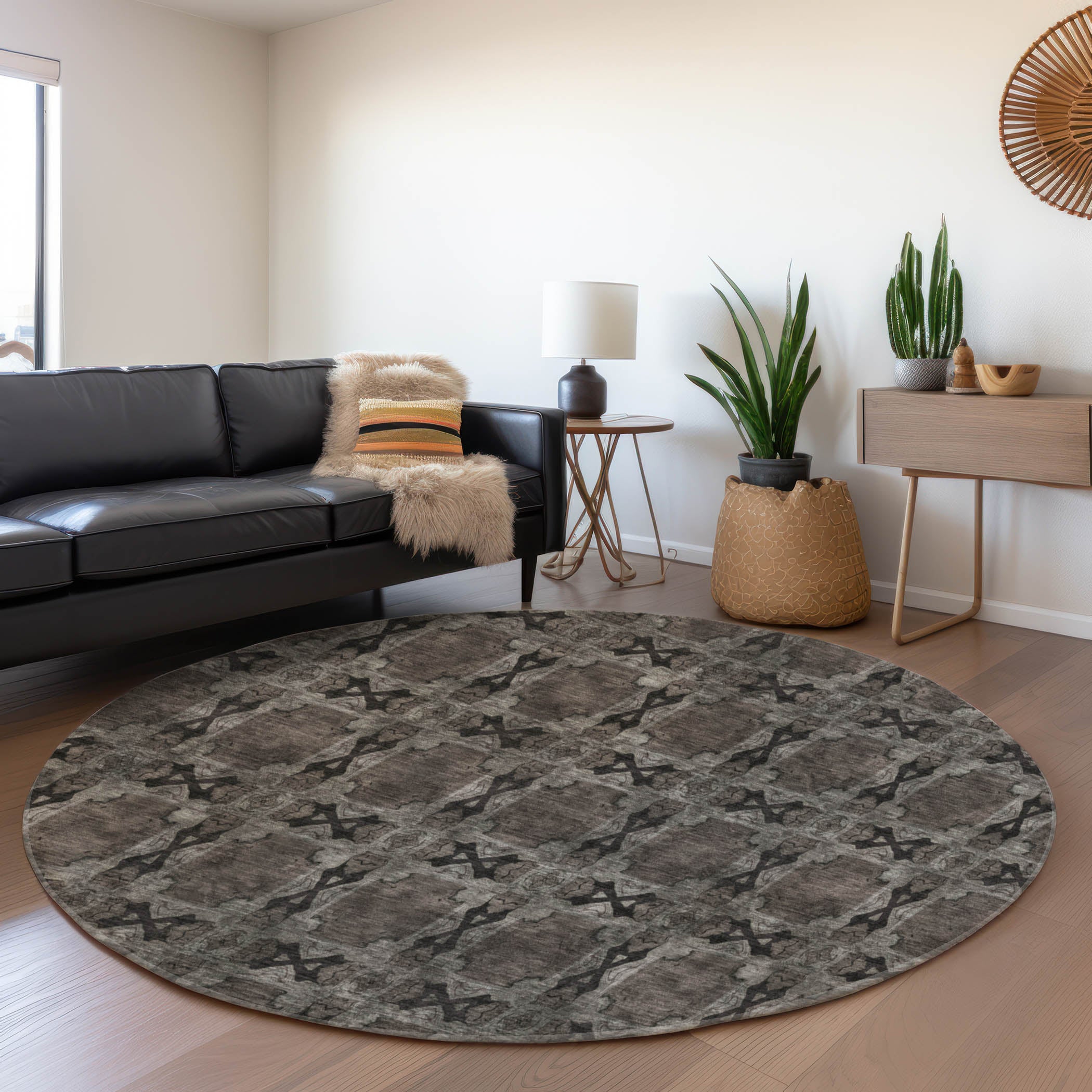 Hoi An Machine Washable Transitional Gray Rug 8' x 8' #shape_Round