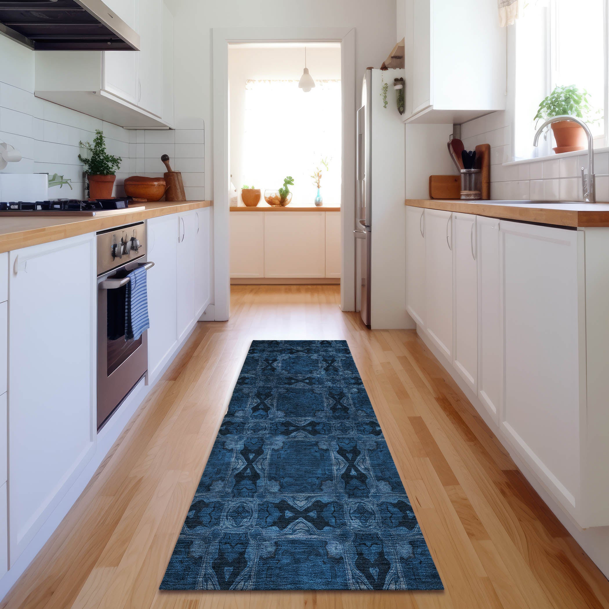 Hoi An Machine Washable Transitional Navy Blue Rug 2'3" x 7'6" #shape_Runner