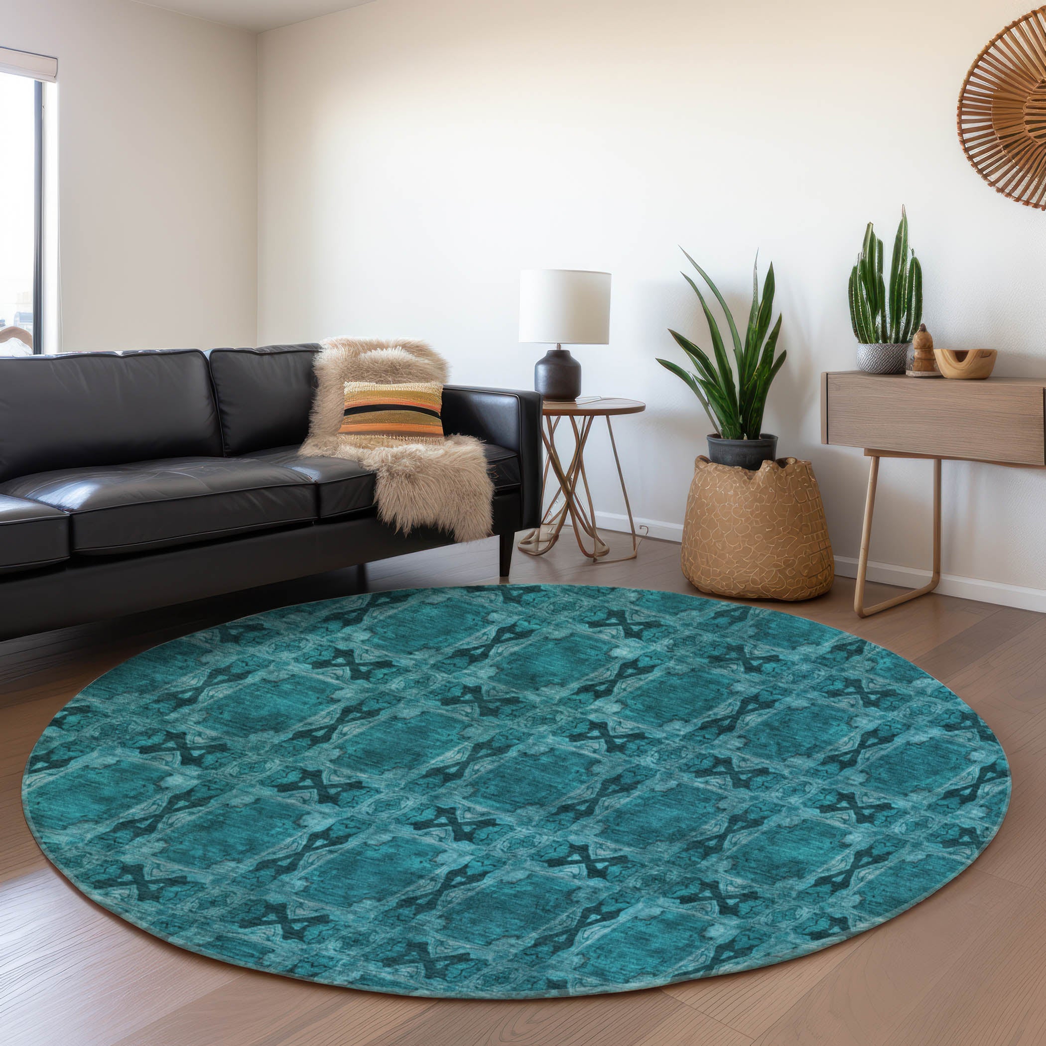 Hoi An Machine Washable Transitional Teal Rug 8' x 8' #shape_Round