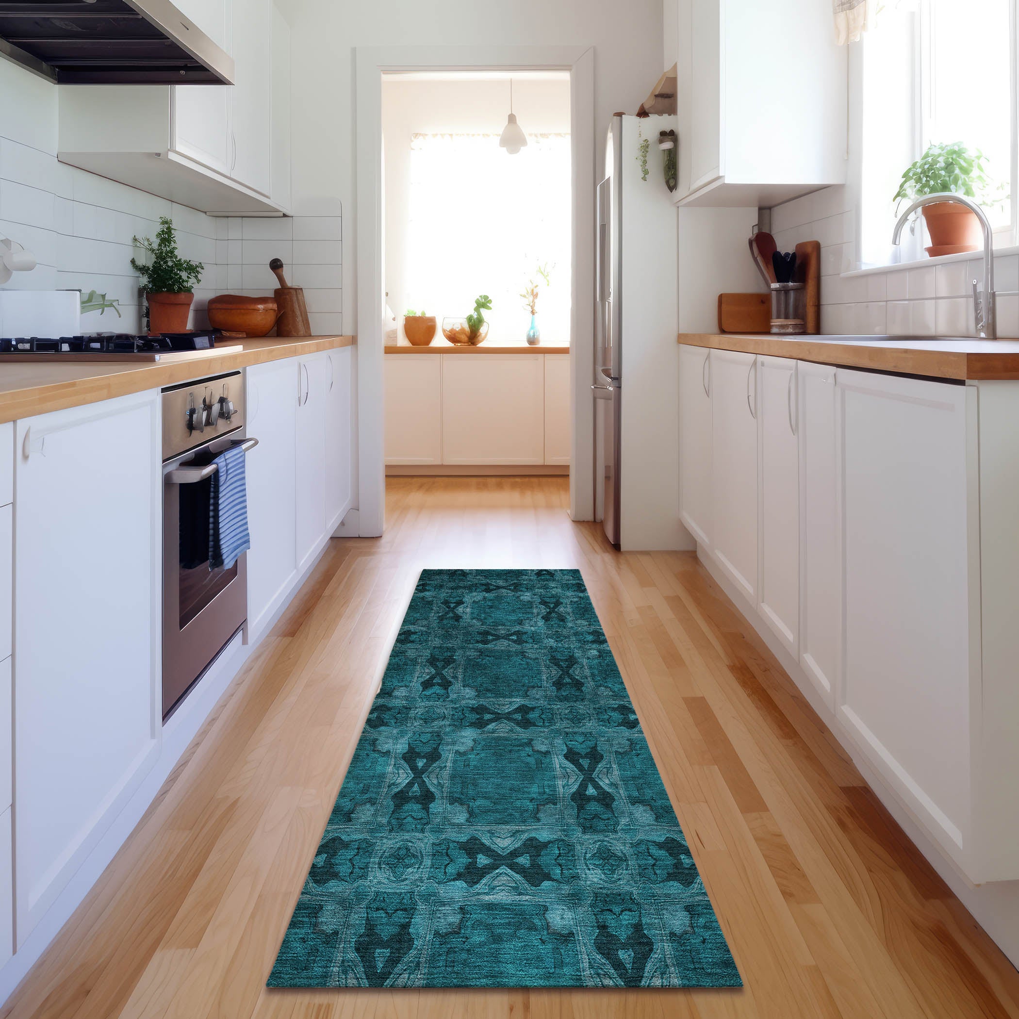 Hoi An Machine Washable Transitional Teal Rug 2'3" x 7'6" #shape_Runner