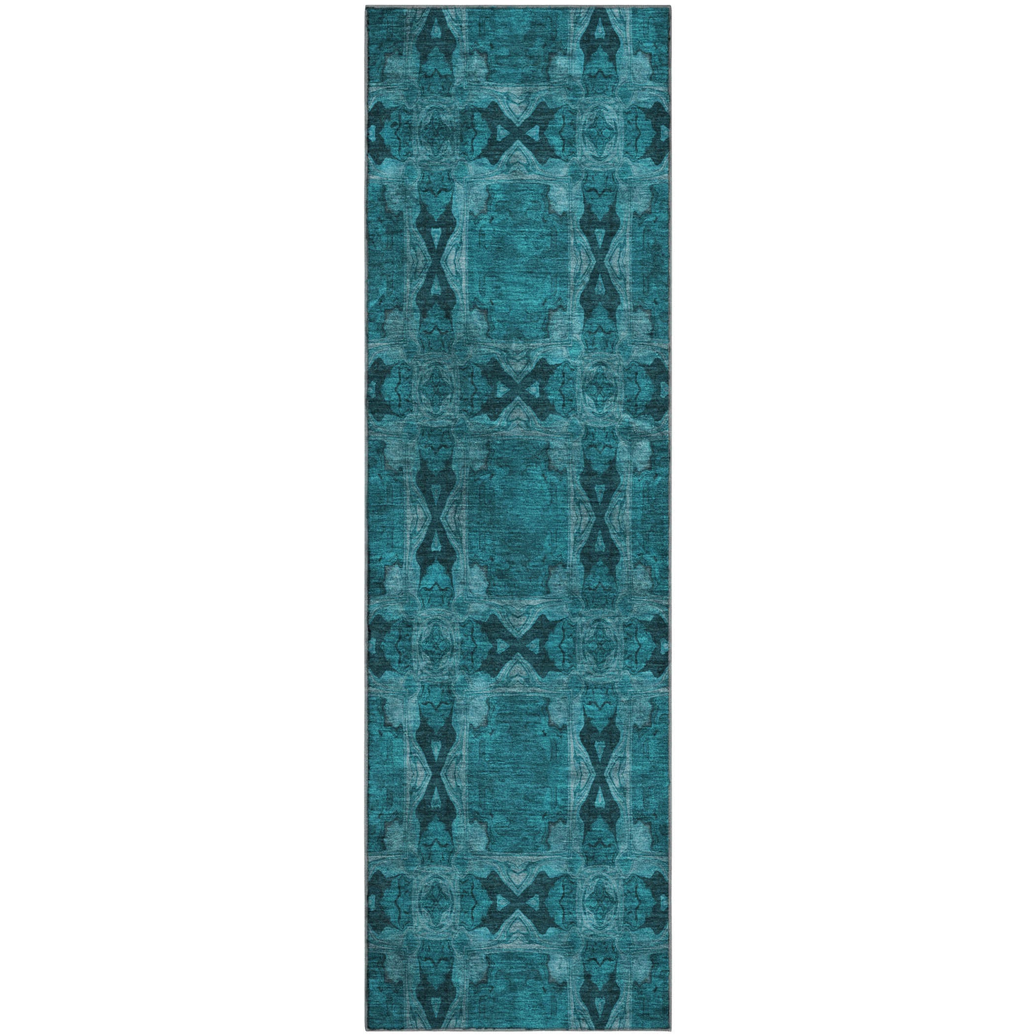 Hoi An Machine Washable Transitional Teal Rug 2'3" x 7'6" #shape_Runner