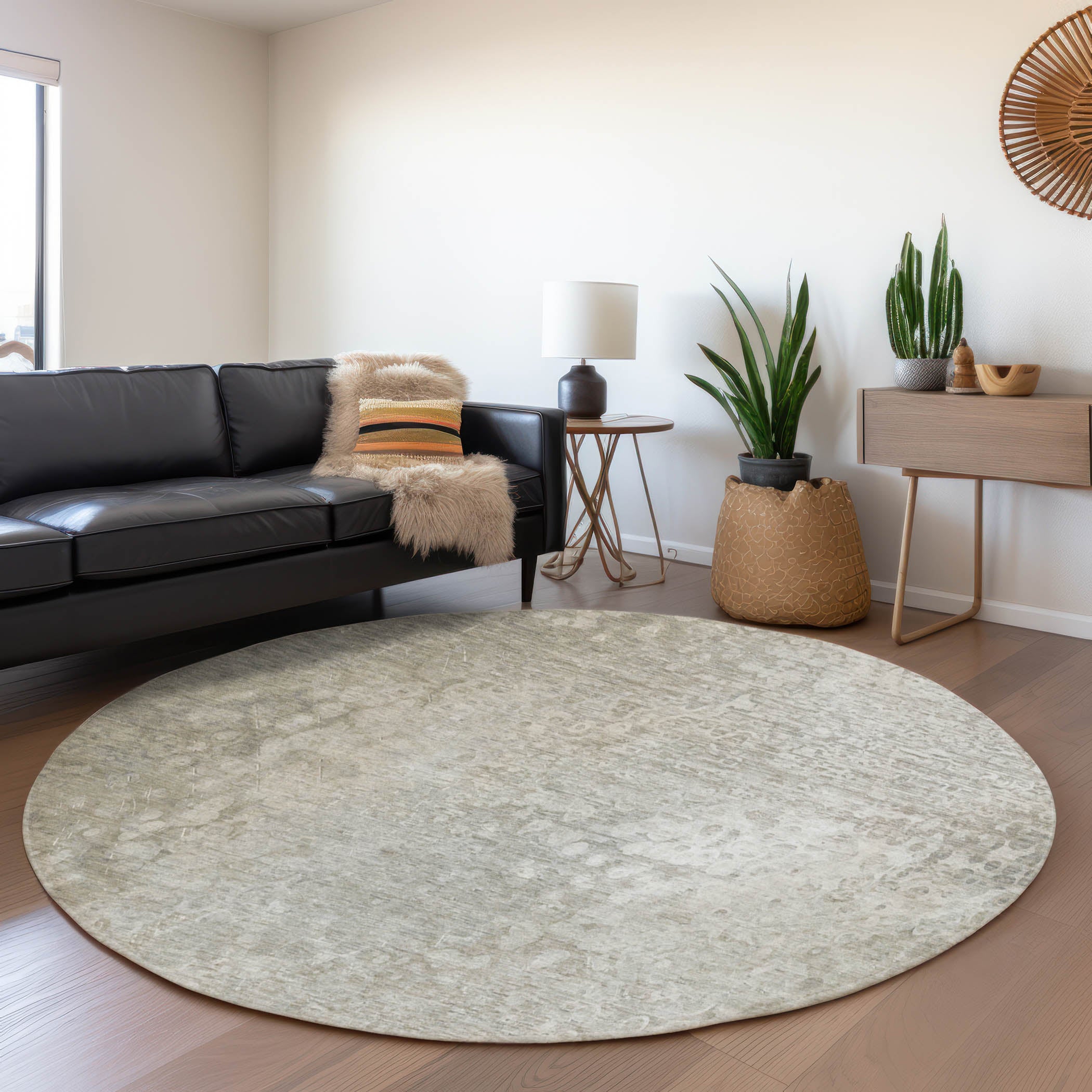 Kotor Machine Washable Transitional Beige Brown Rug 8' x 8' #shape_Round