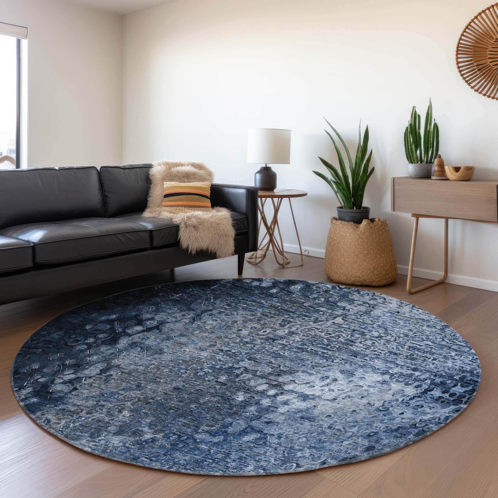 Kotor Machine Washable Transitional Blue Rug 8' x 8' #shape_Round
