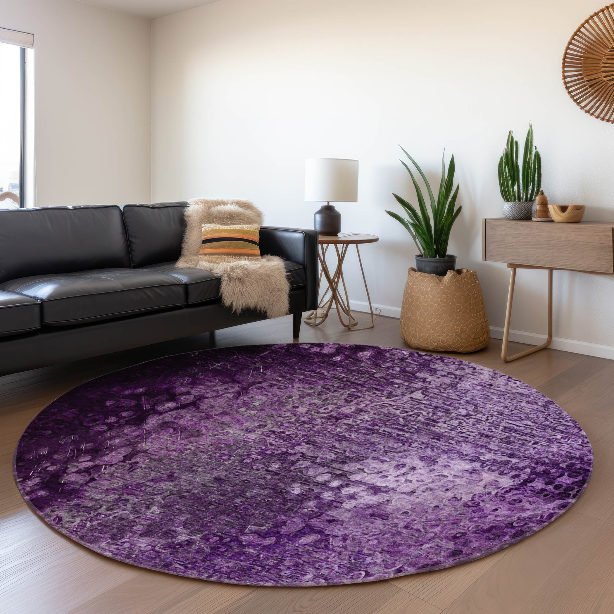 Kotor Machine Washable Transitional Purple Rug 8' x 8' #shape_Round