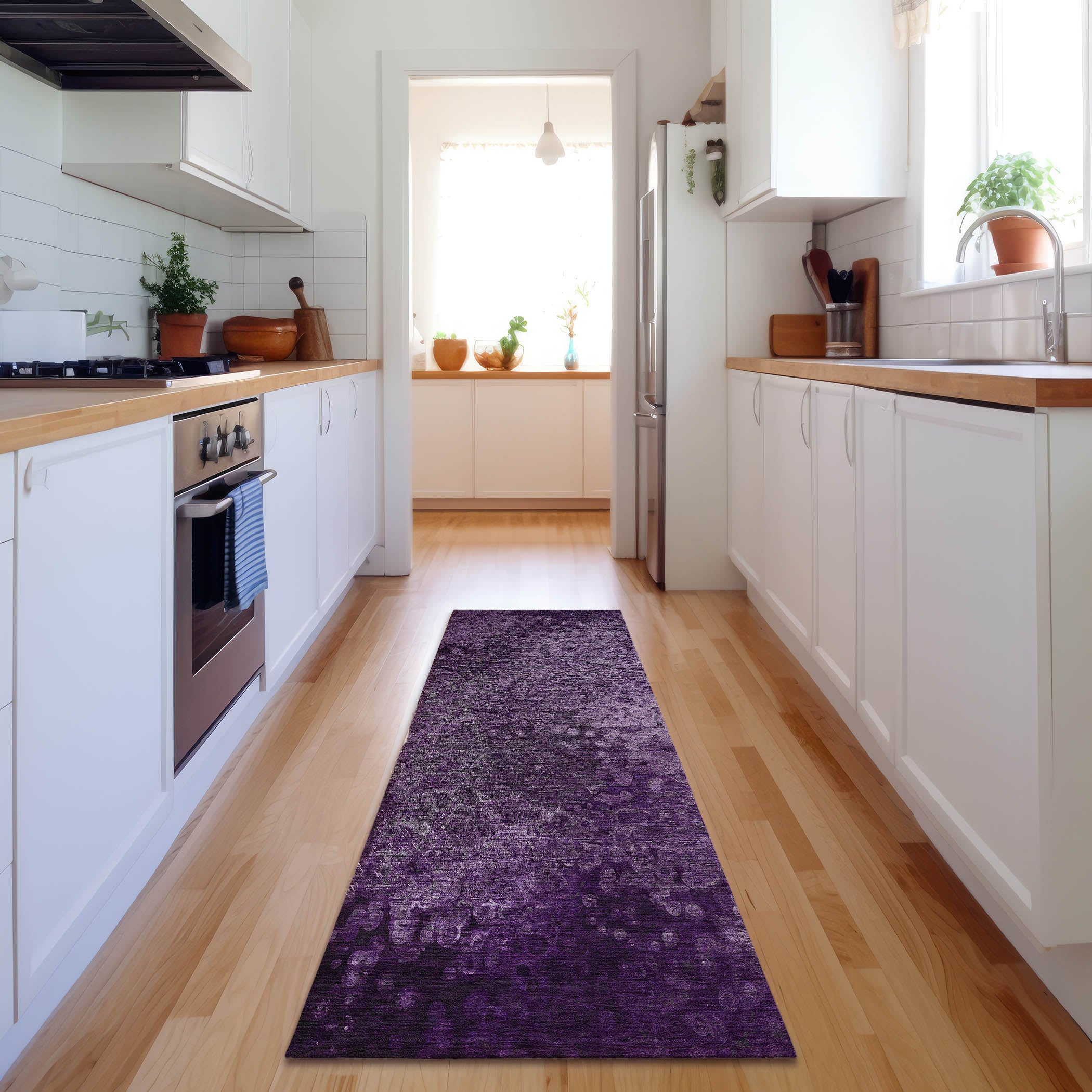 Kotor Machine Washable Transitional Purple Rug 2'3" x 7'6" #shape_Runner