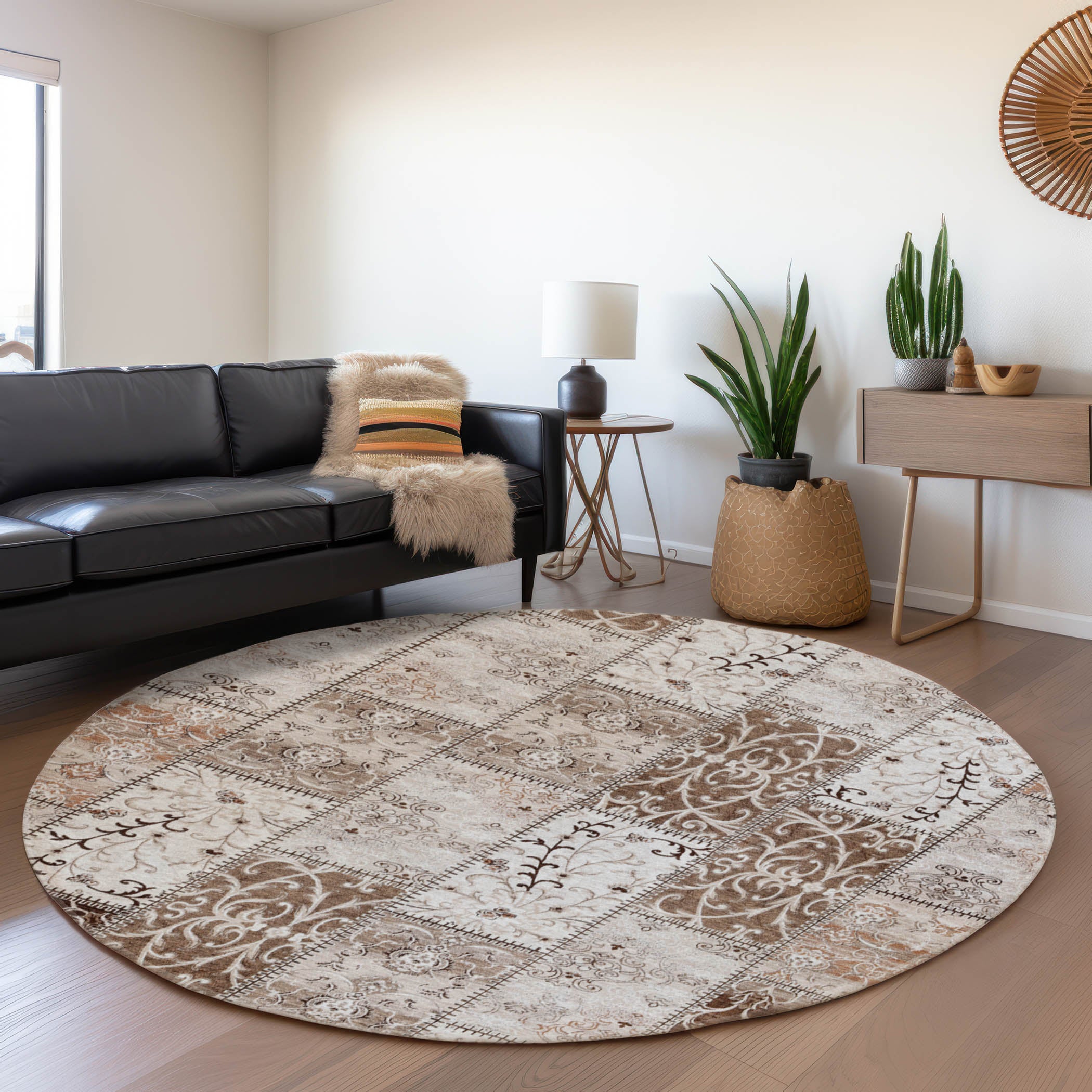 Jaipur Machine Washable Transitional Beige Brown Rug 8' x 8' #shape_Round