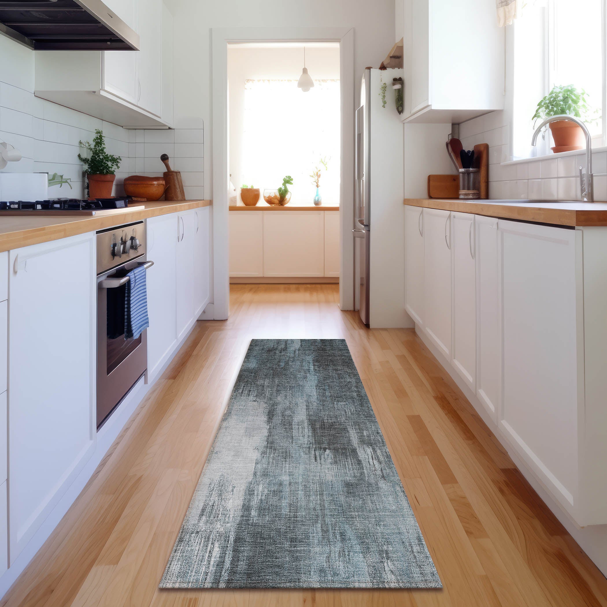 Reykjavik Machine Washable Transitional Teal Rug 2'3" x 7'6" #shape_Runner