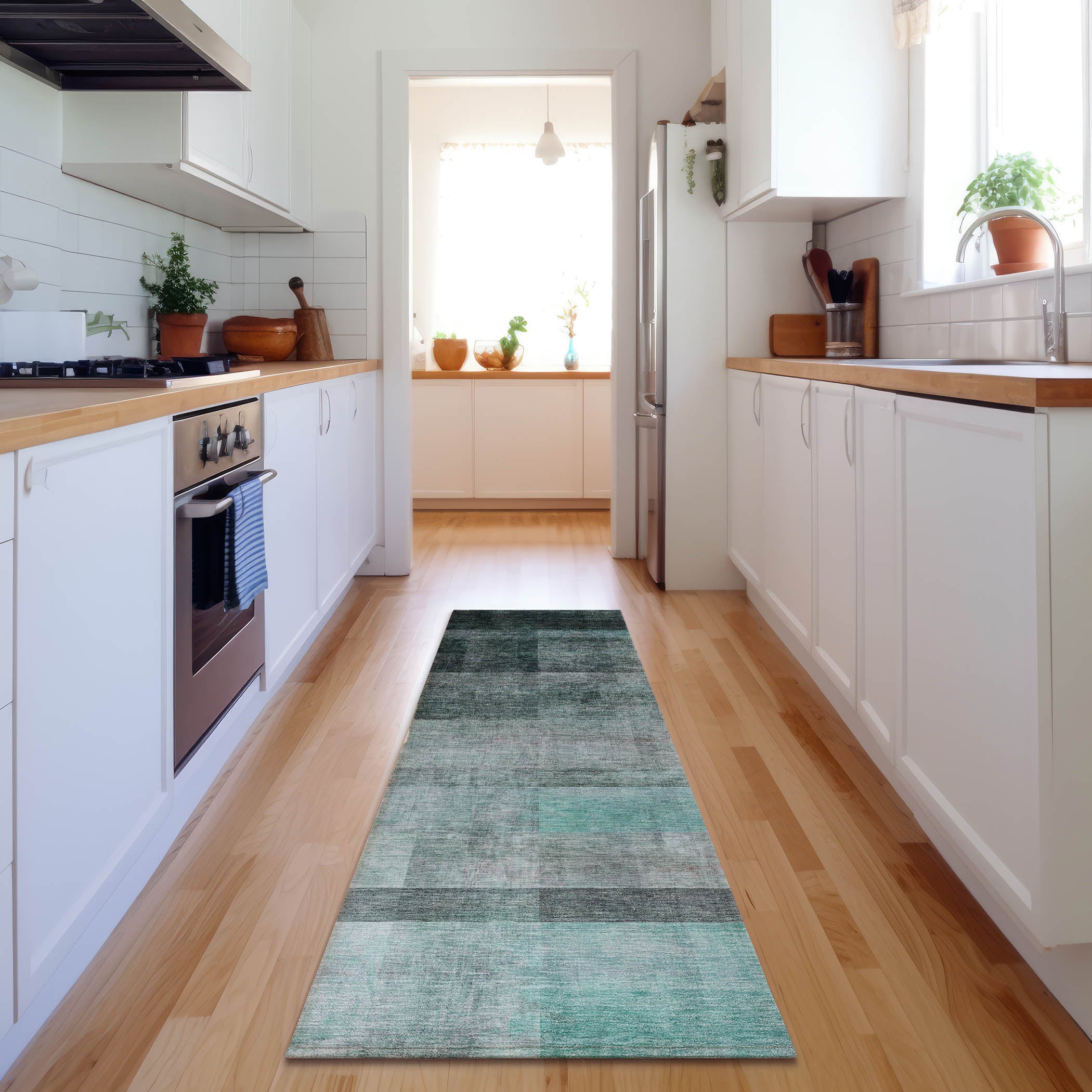 Lucerne Machine Washable Transitional Teal Rug 2'3" x 7'6" #shape_Runner