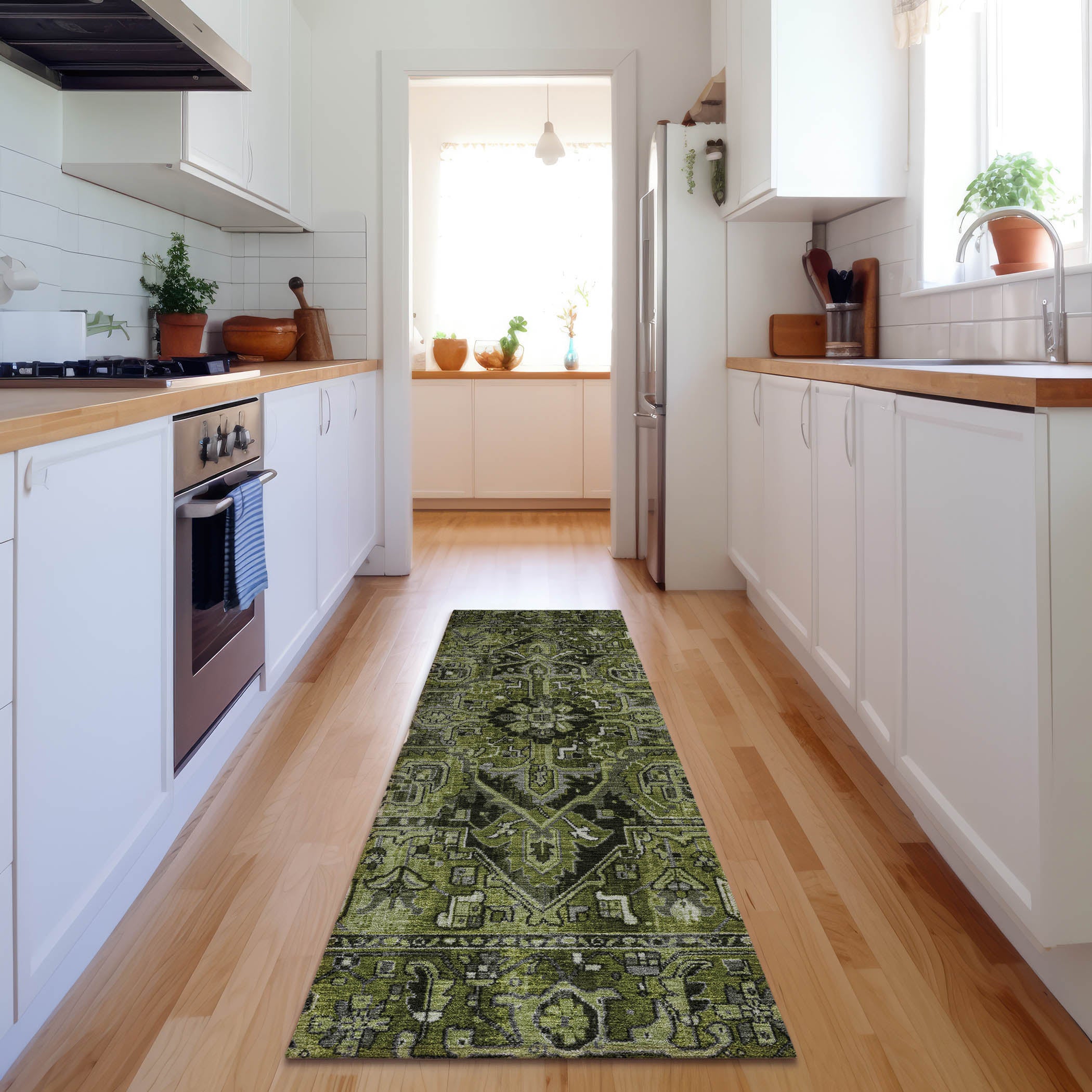 Bern Machine Washable Traditional Olive Green Rug 2'3" x 7'6" #shape_Runner