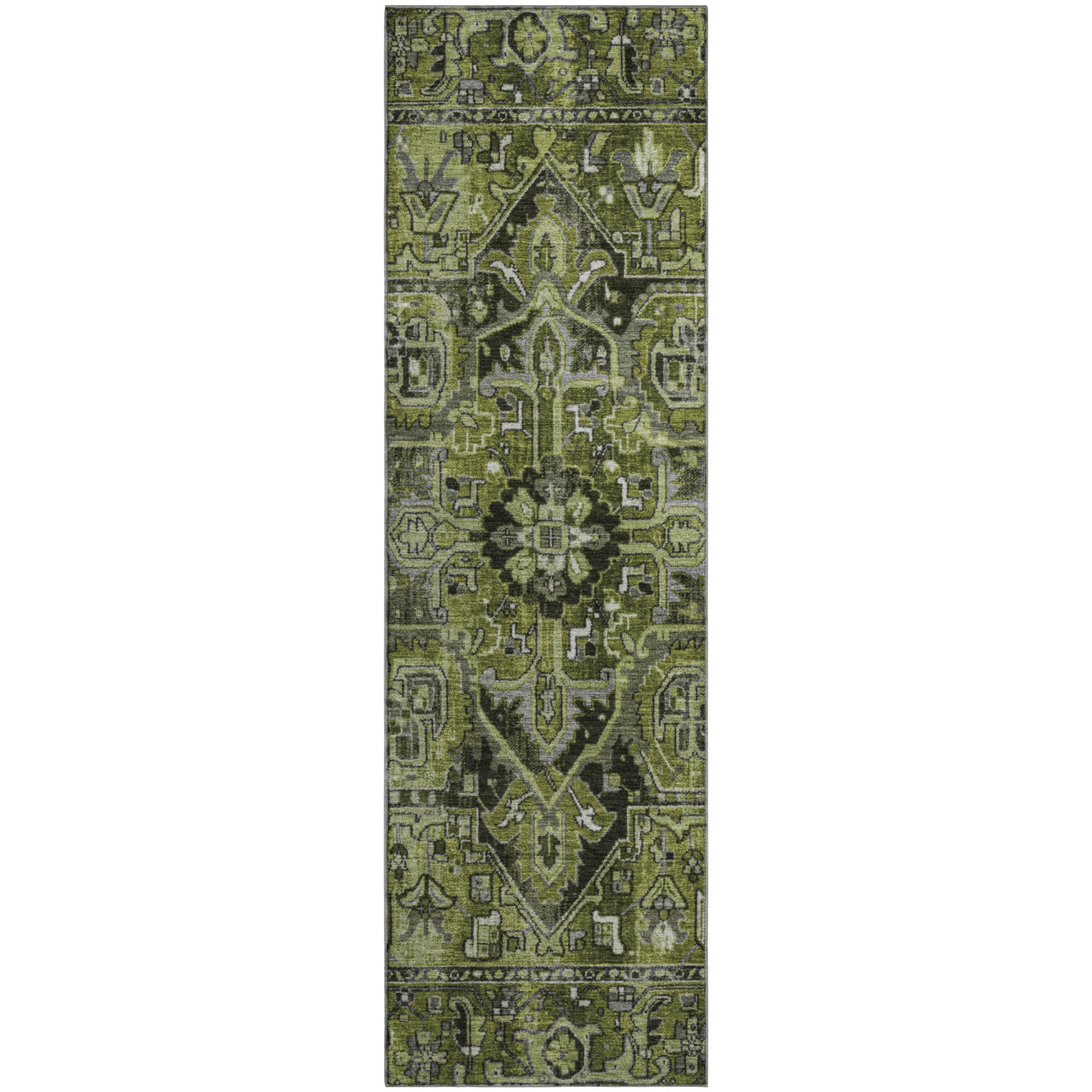 Bern Machine Washable Traditional Olive Green Rug 2'3" x 7'6" #shape_Runner