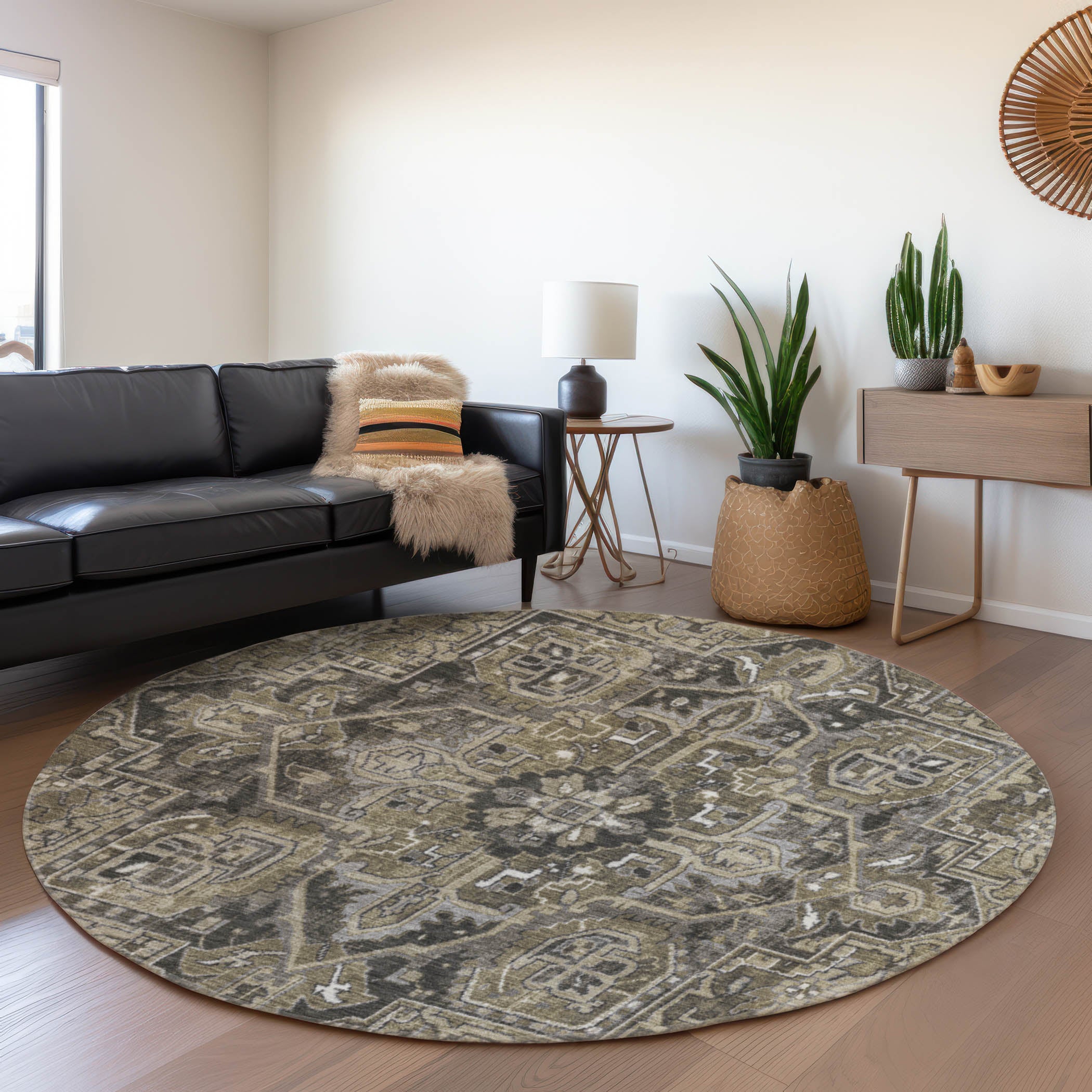 Bern Machine Washable Traditional Taupe Brown Rug 8' x 8' #shape_Round