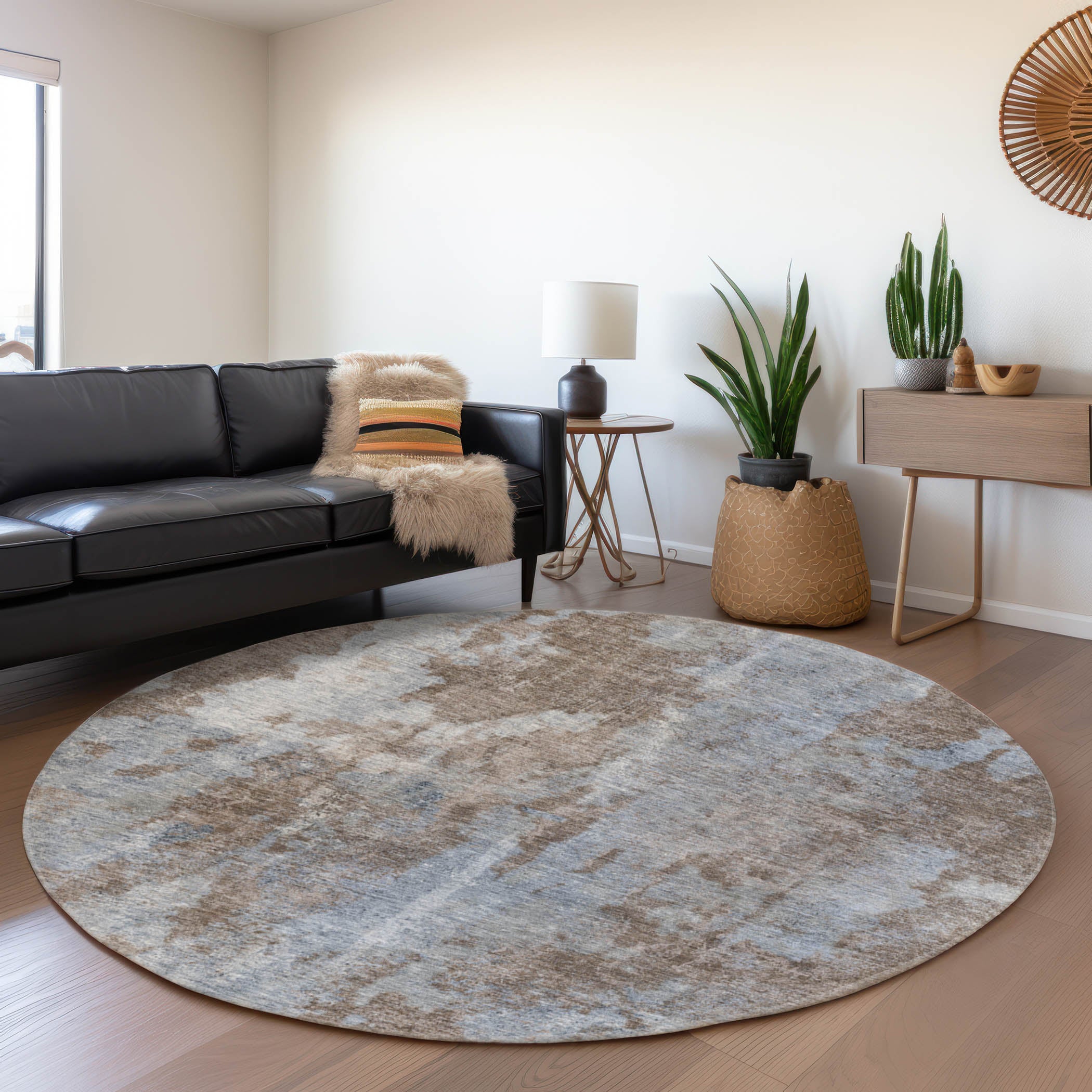 Hoi An Machine Washable Transitional Brown Rug 8' x 8' #shape_Round