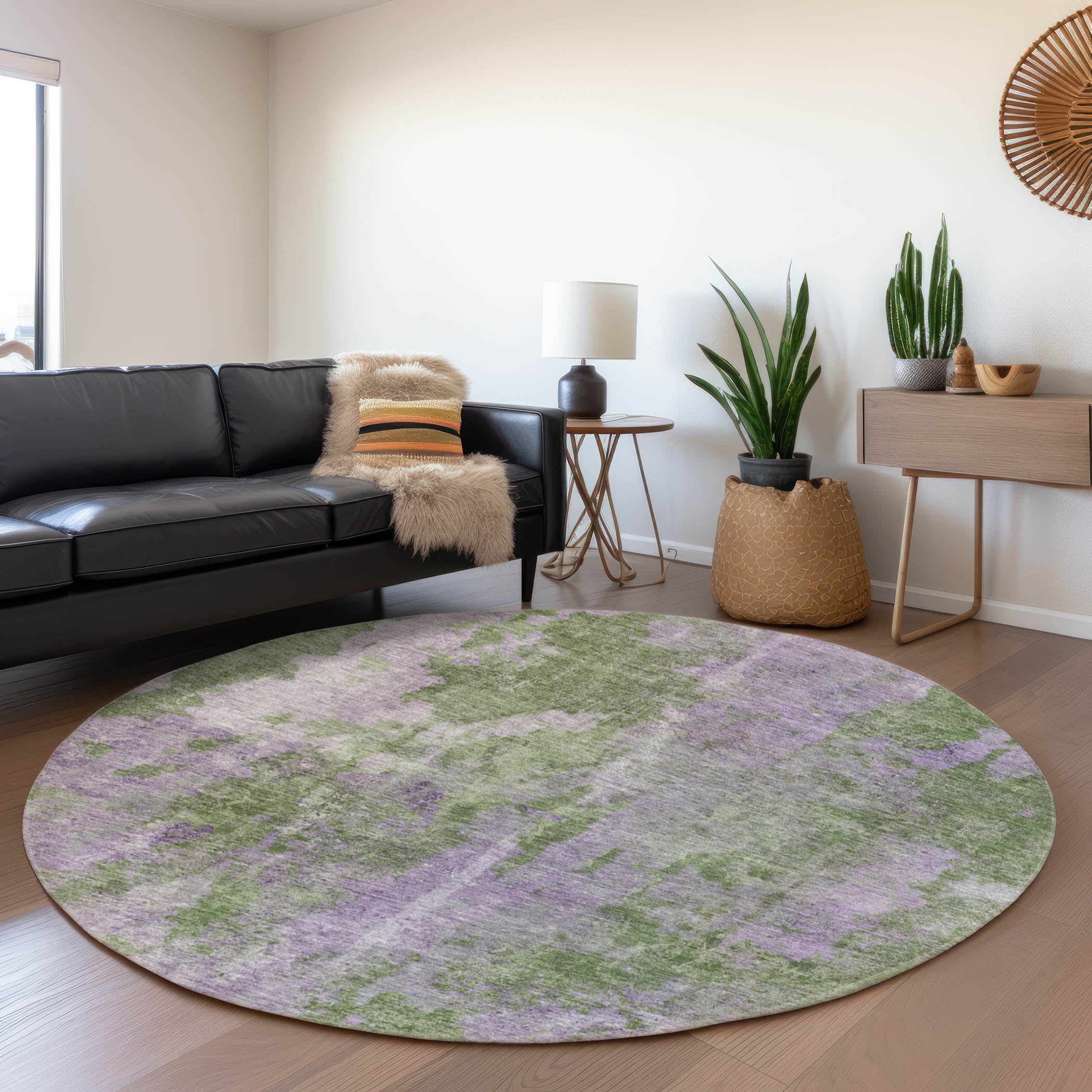 Hoi An Machine Washable Transitional Green Rug 8' x 8' #shape_Round