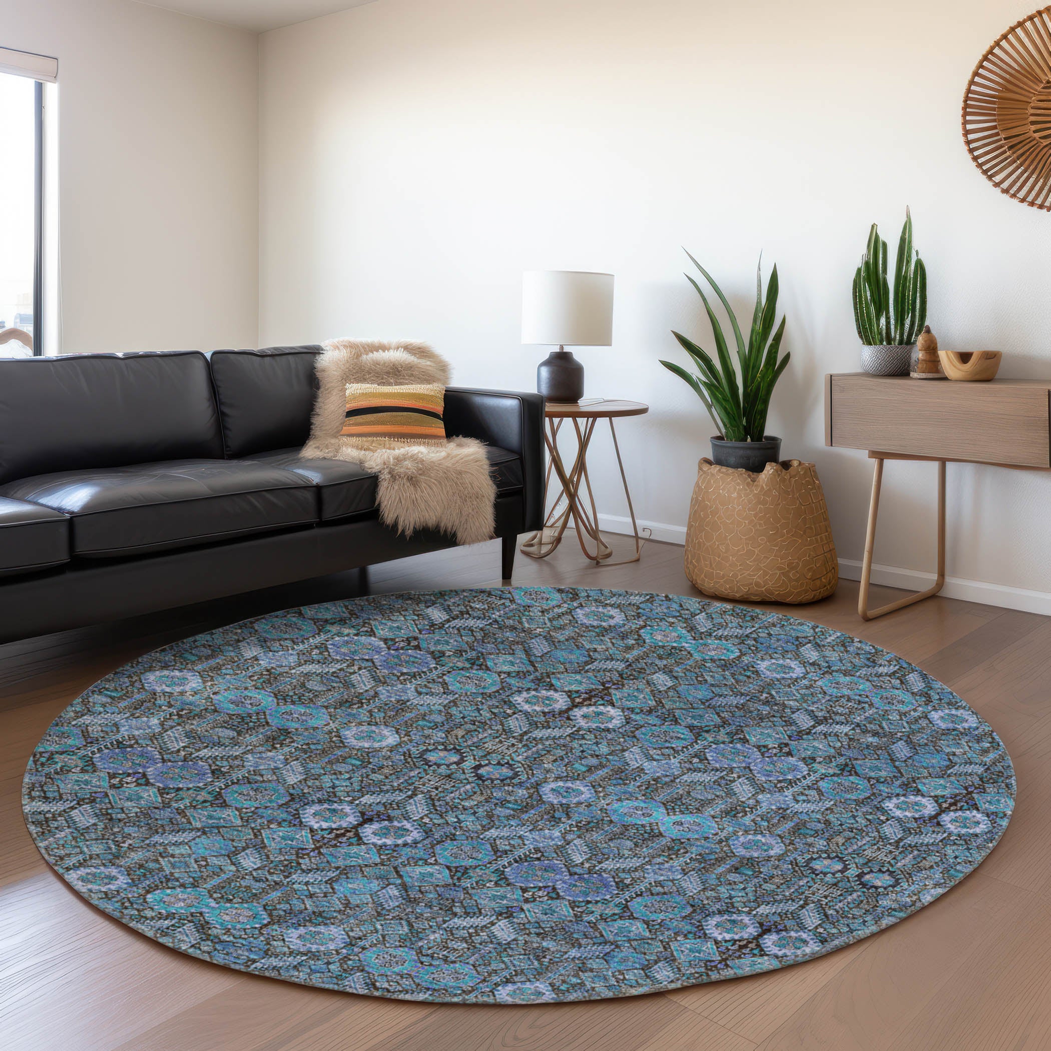 Lucerne Machine Washable Transitional Teal Rug 8' x 8' #shape_Round
