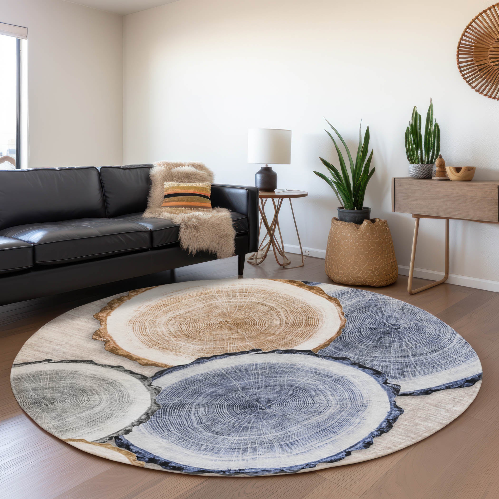 Dublin Machine Washable Transitional Beige Brown Rug 8' x 8' #shape_Round