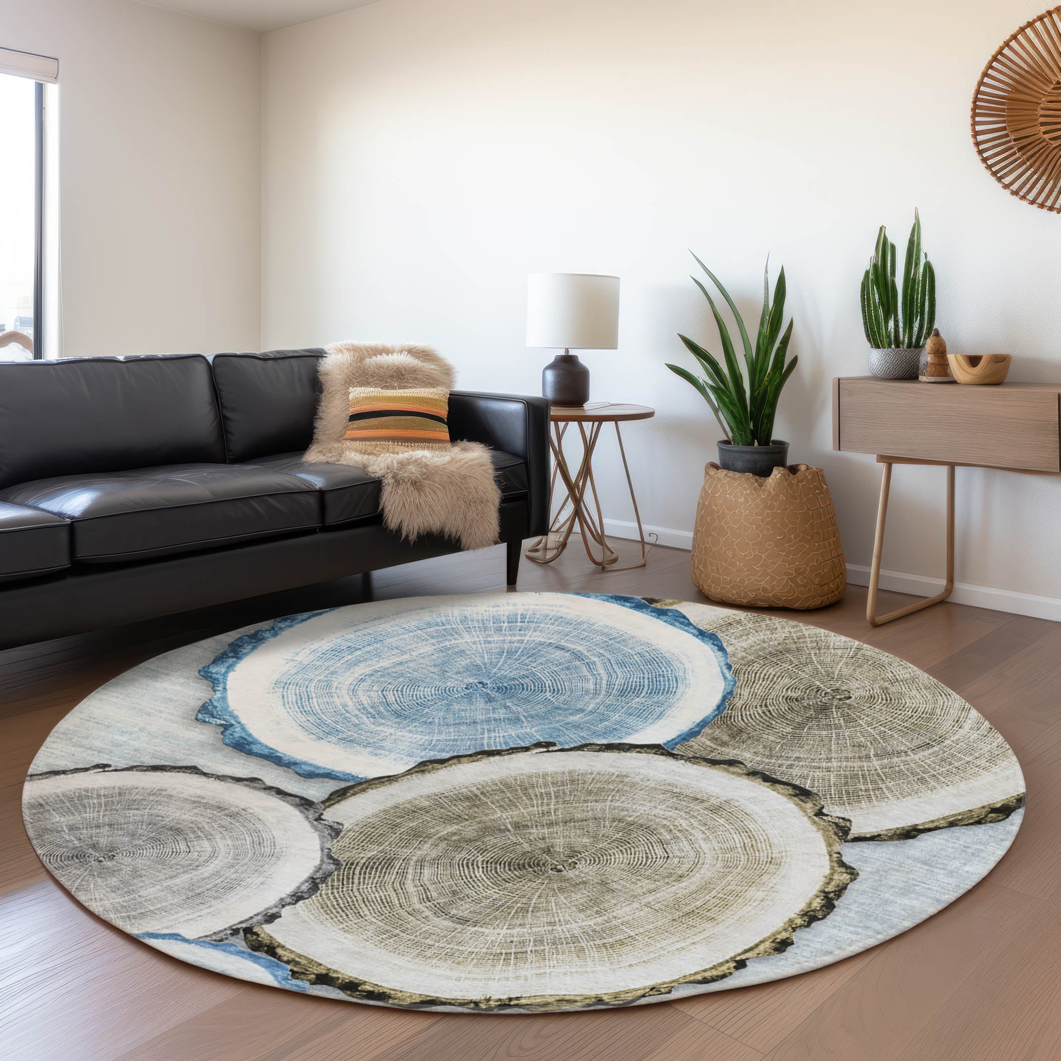 Dublin Machine Washable Transitional Blue Rug 8' x 8' #shape_Round