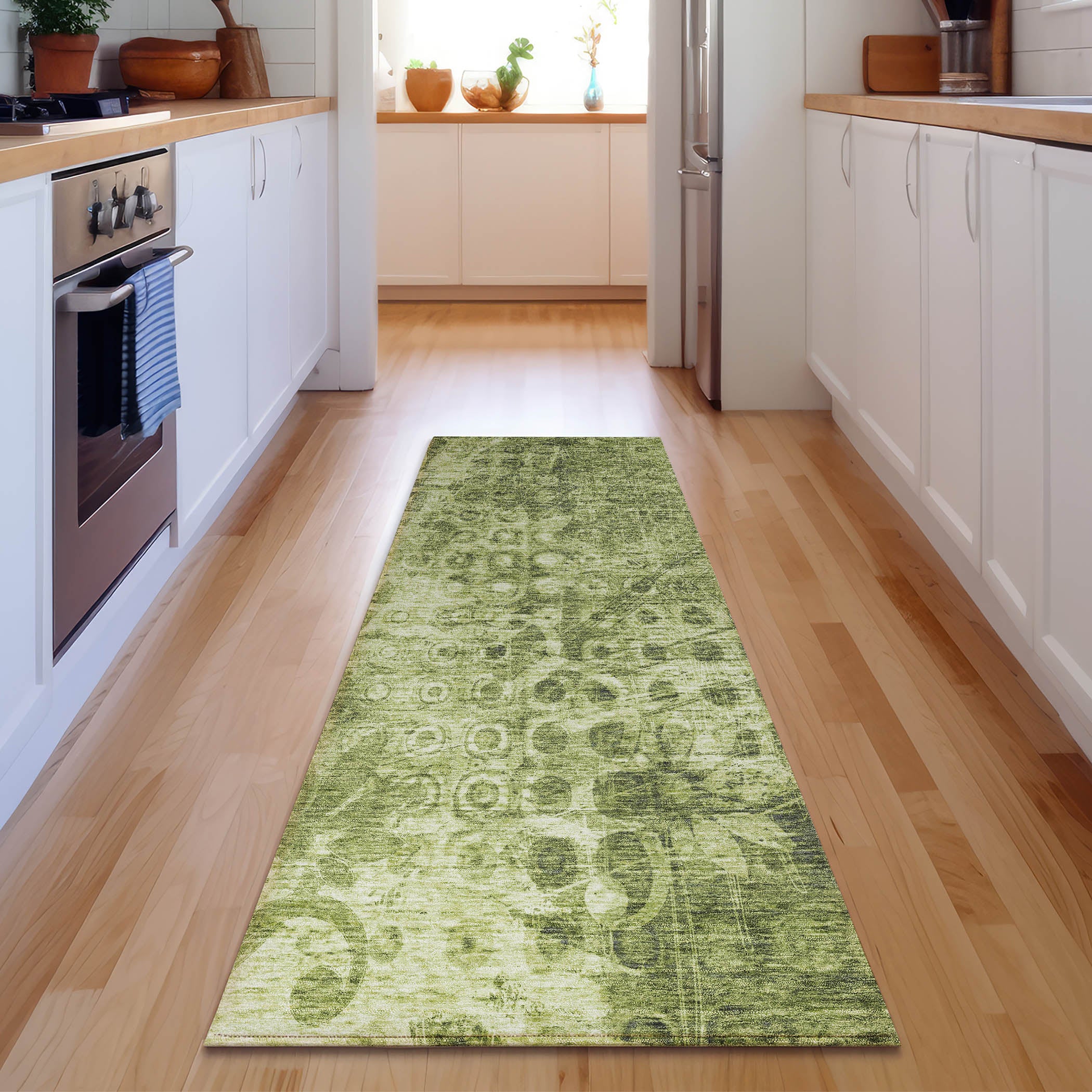 Luang Prabang Machine Washable Transitional Olive Green Rug 2'3" x 7'6" #shape_Runner