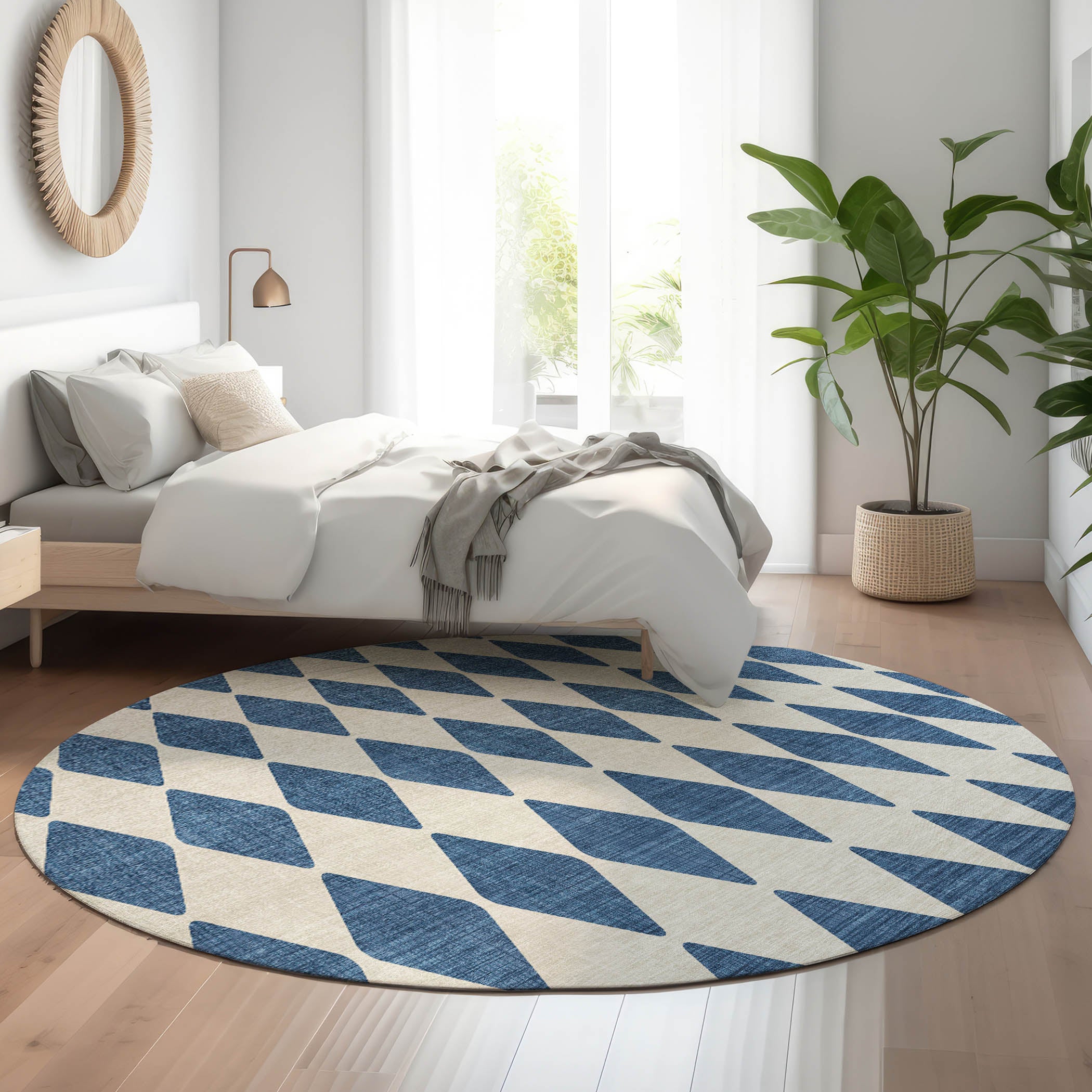 Vienna Machine Washable Transitional Navy Blue Rug 8' x 8' #shape_Round