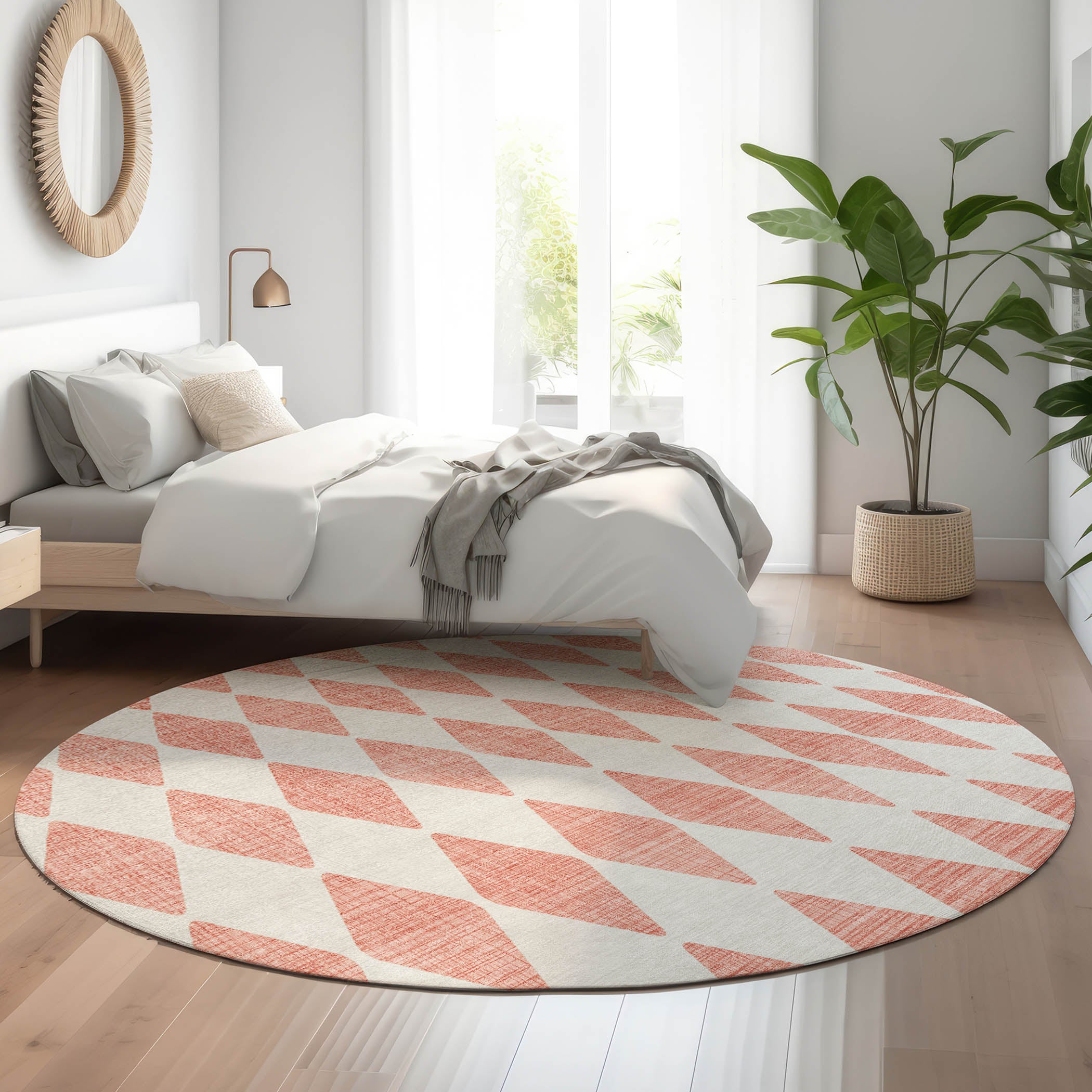 Vienna Machine Washable Transitional Salmon Orange Rug 8' x 8' #shape_Round
