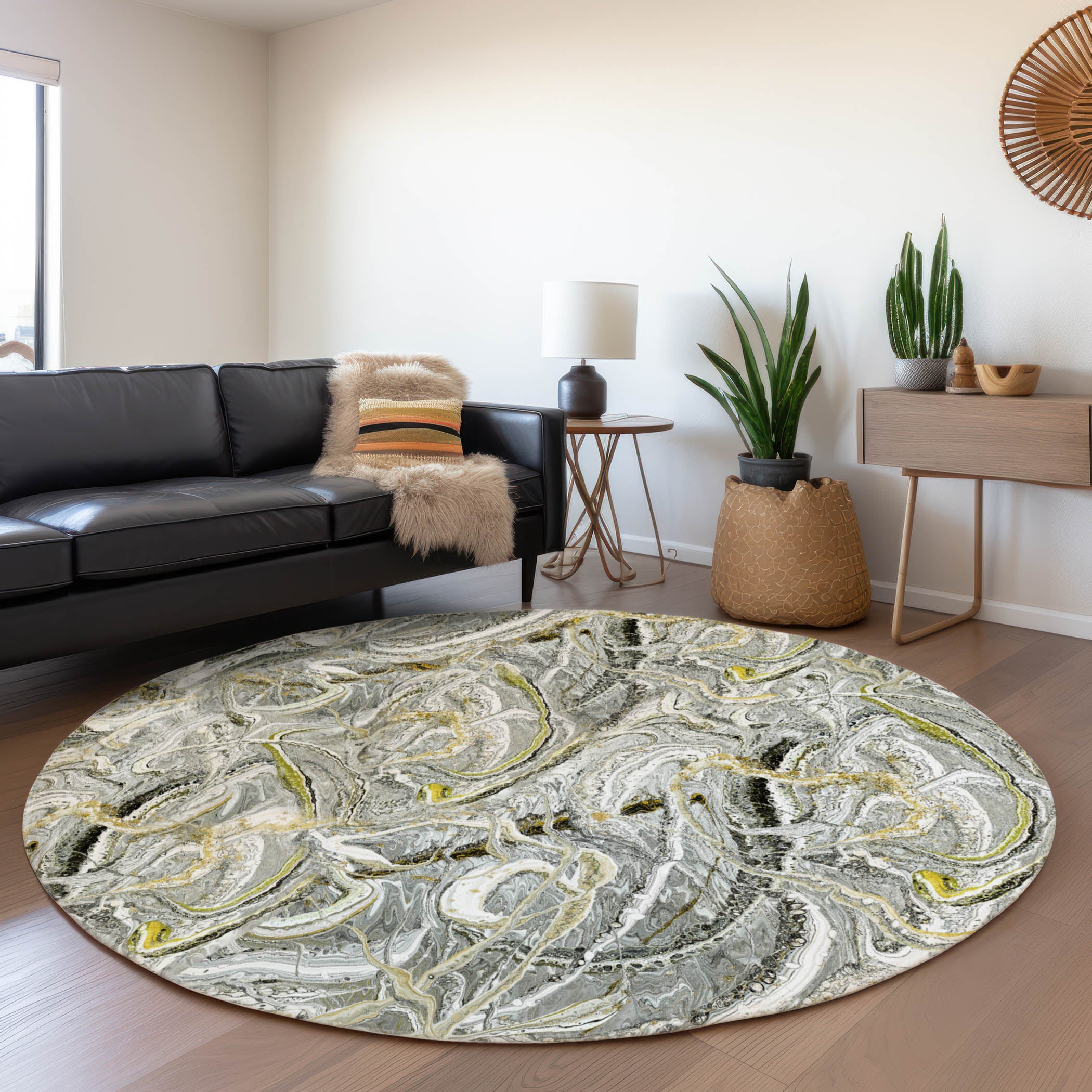 Queenstown Machine Washable Contemporary Cyclone Neutral Rug 8' x 8' #shape_Round