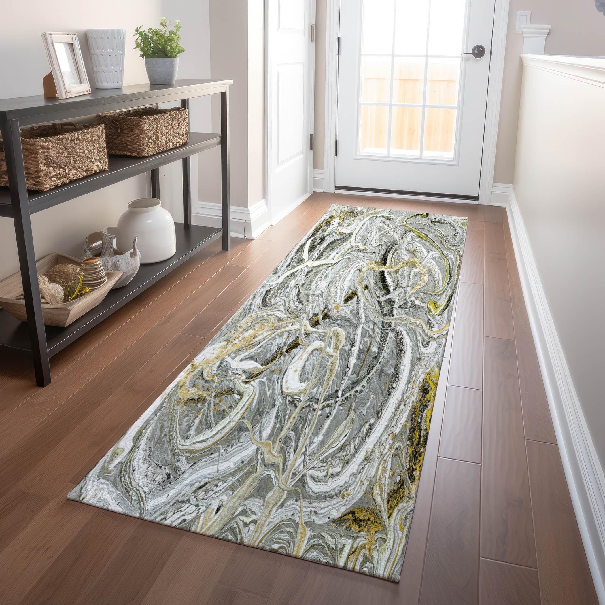 Queenstown Machine Washable Contemporary Cyclone Neutral Rug 2'3" x 7'6" #shape_Runner