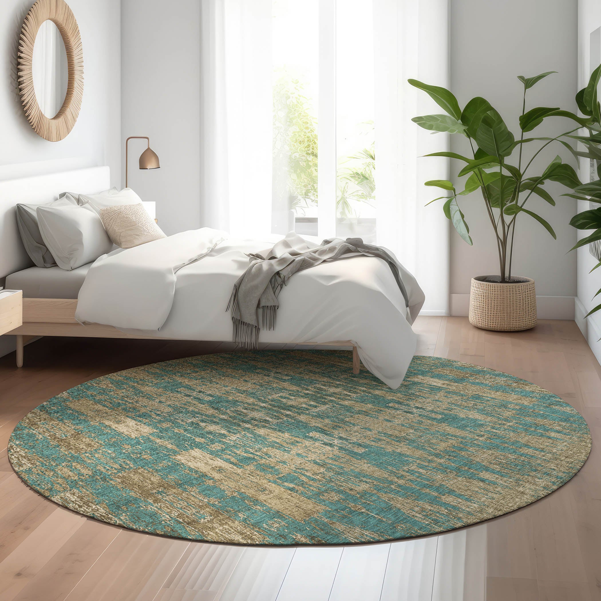 Lima Machine Washable Transitional Teal Rug 8' x 8' #shape_Round
