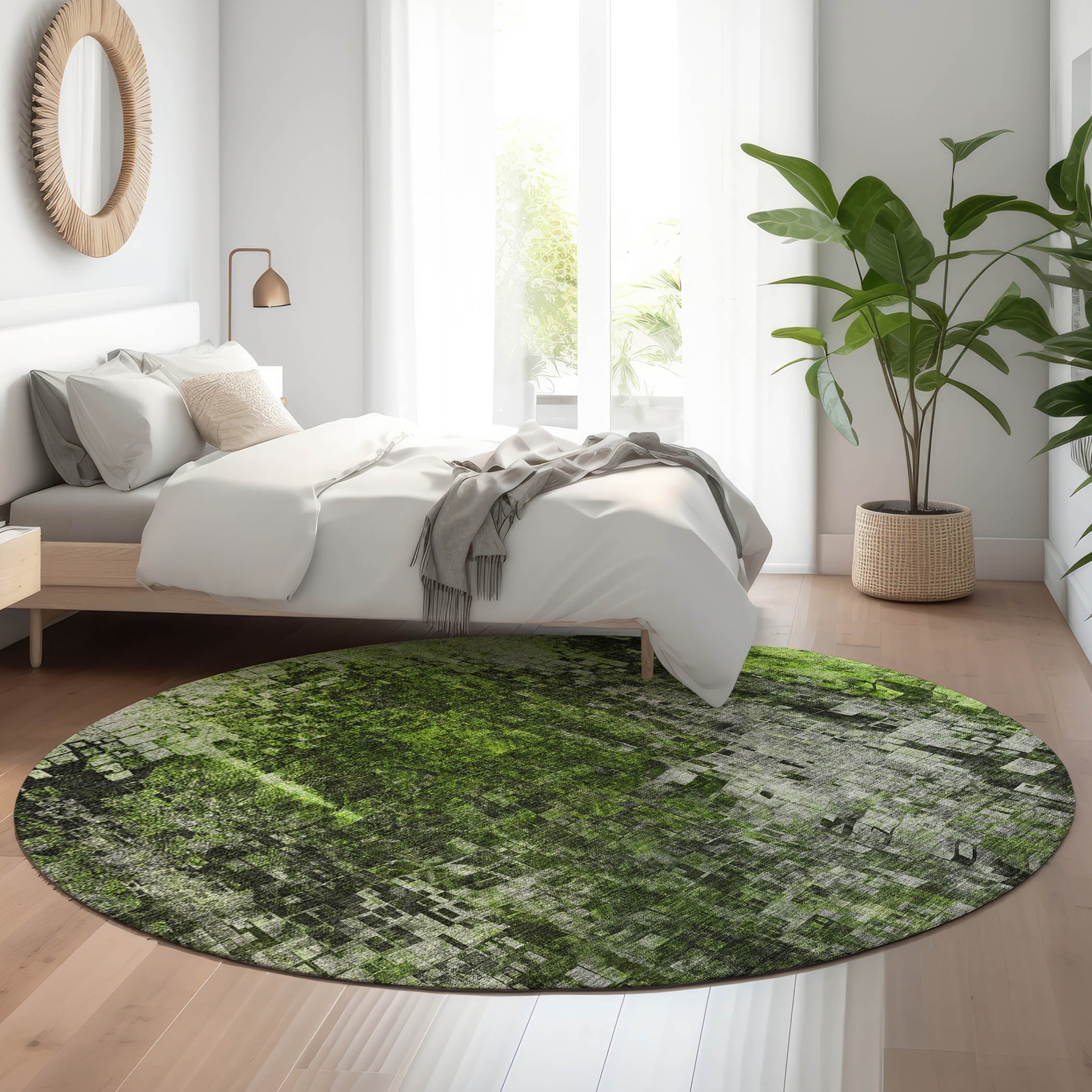 Dublin Machine Washable Transitional Green Rug 8' x 8' #shape_Round
