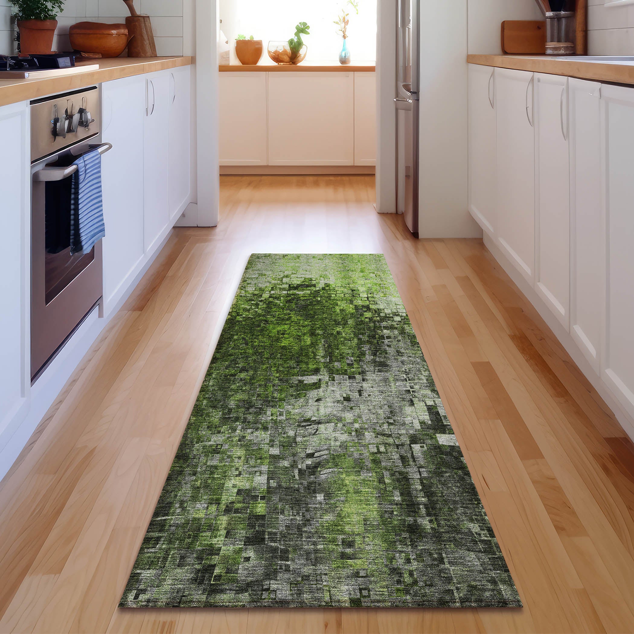 Dublin Machine Washable Transitional Green Rug 2'3" x 7'6" #shape_Runner