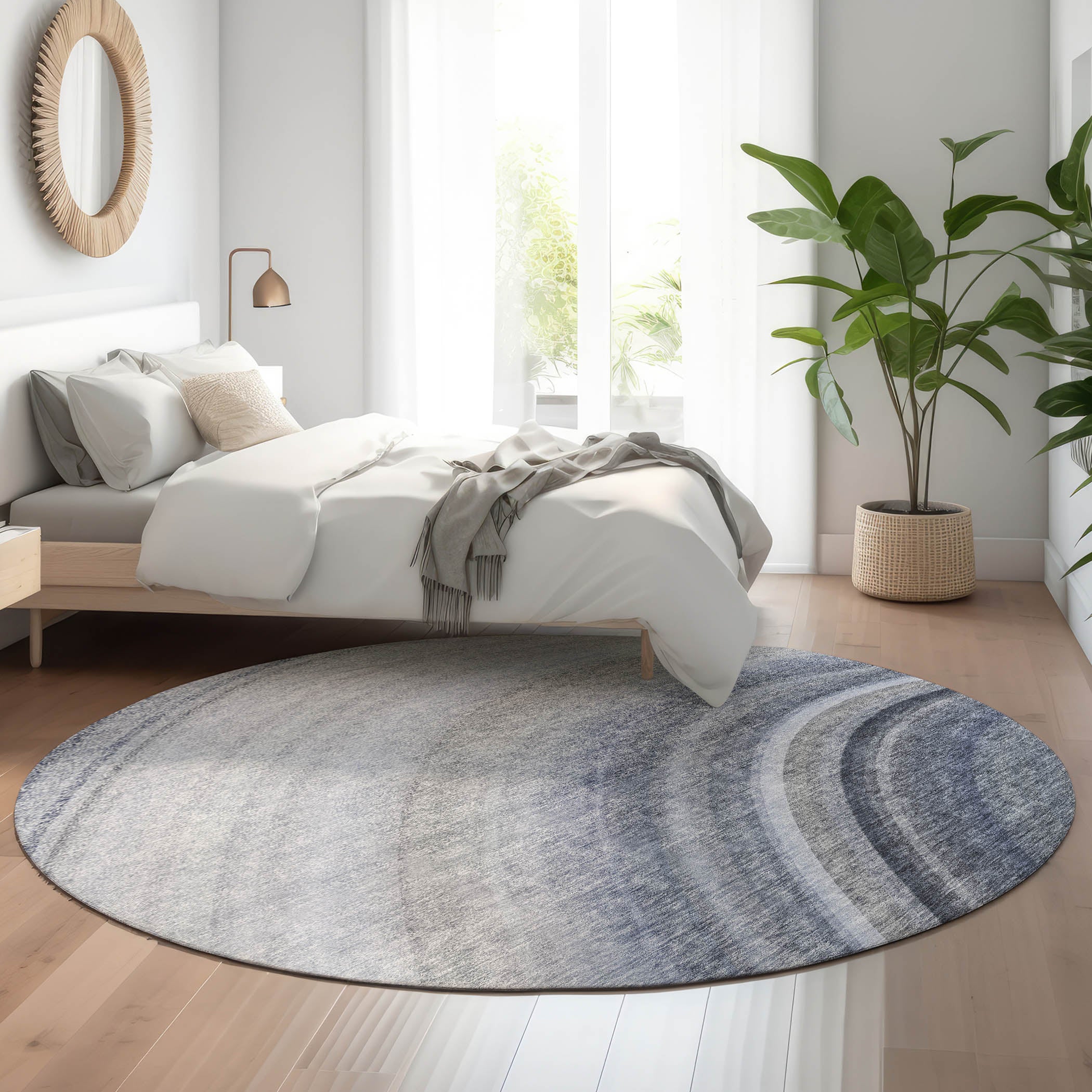 Mdina Machine Washable Transitional Blue Rug 8' x 8' #shape_Round