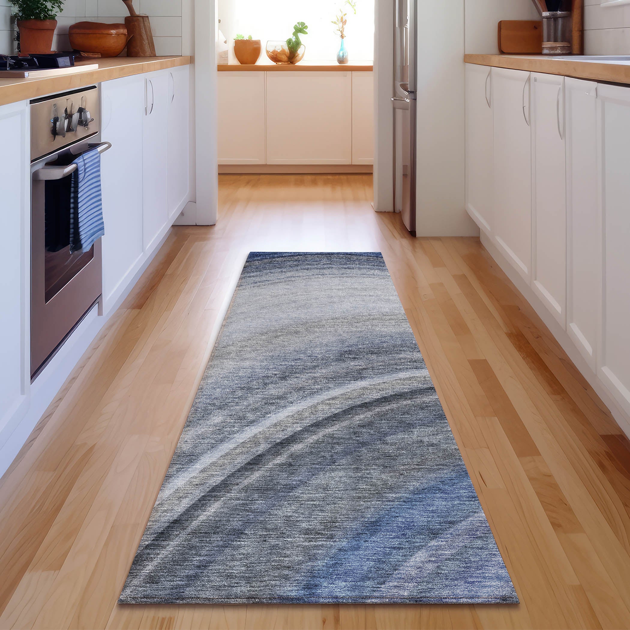 Mdina Machine Washable Transitional Blue Rug 2'3" x 7'6" #shape_Runner