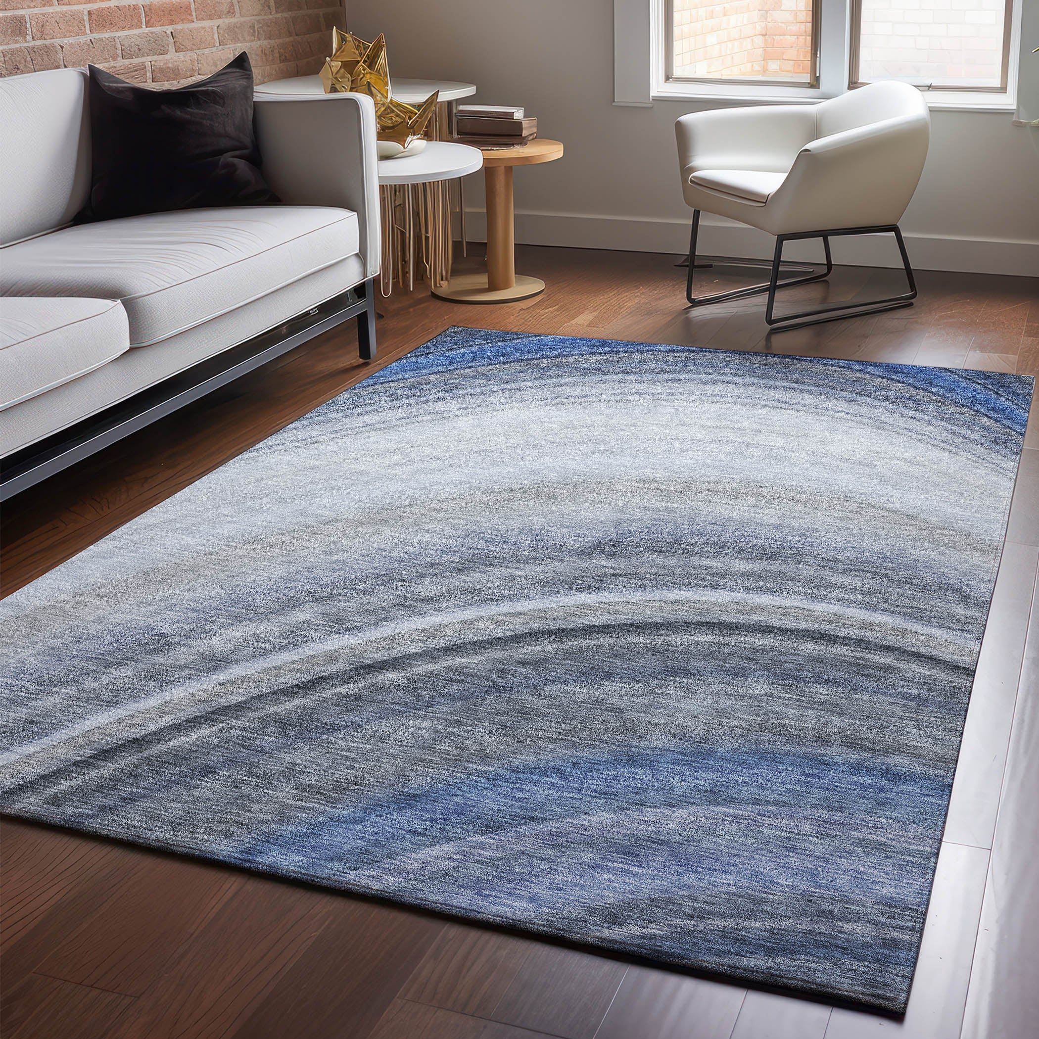 Mdina Machine Washable Transitional Blue Rug 2'6" x 3'10" #shape_Rectangle