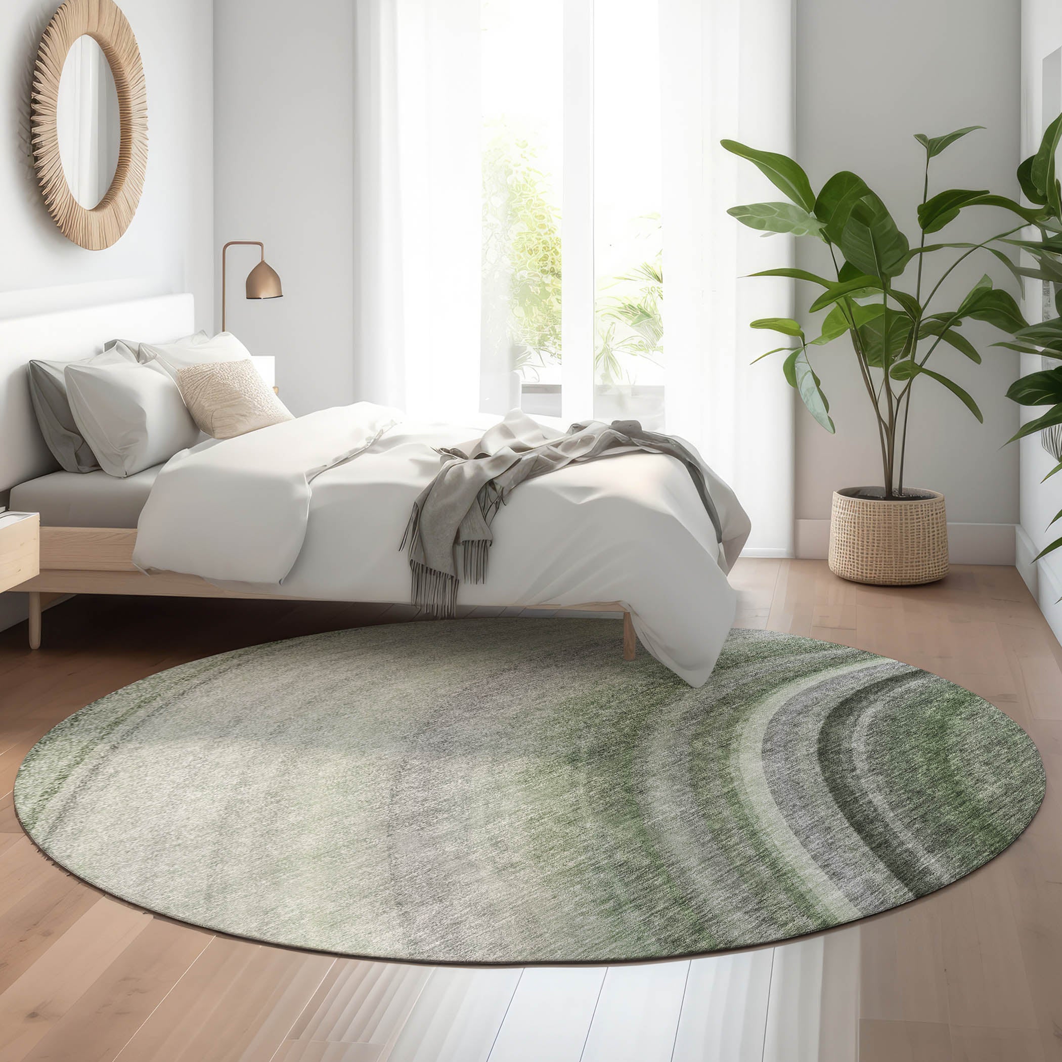 Mdina Machine Washable Transitional Green Rug 8' x 8' #shape_Round