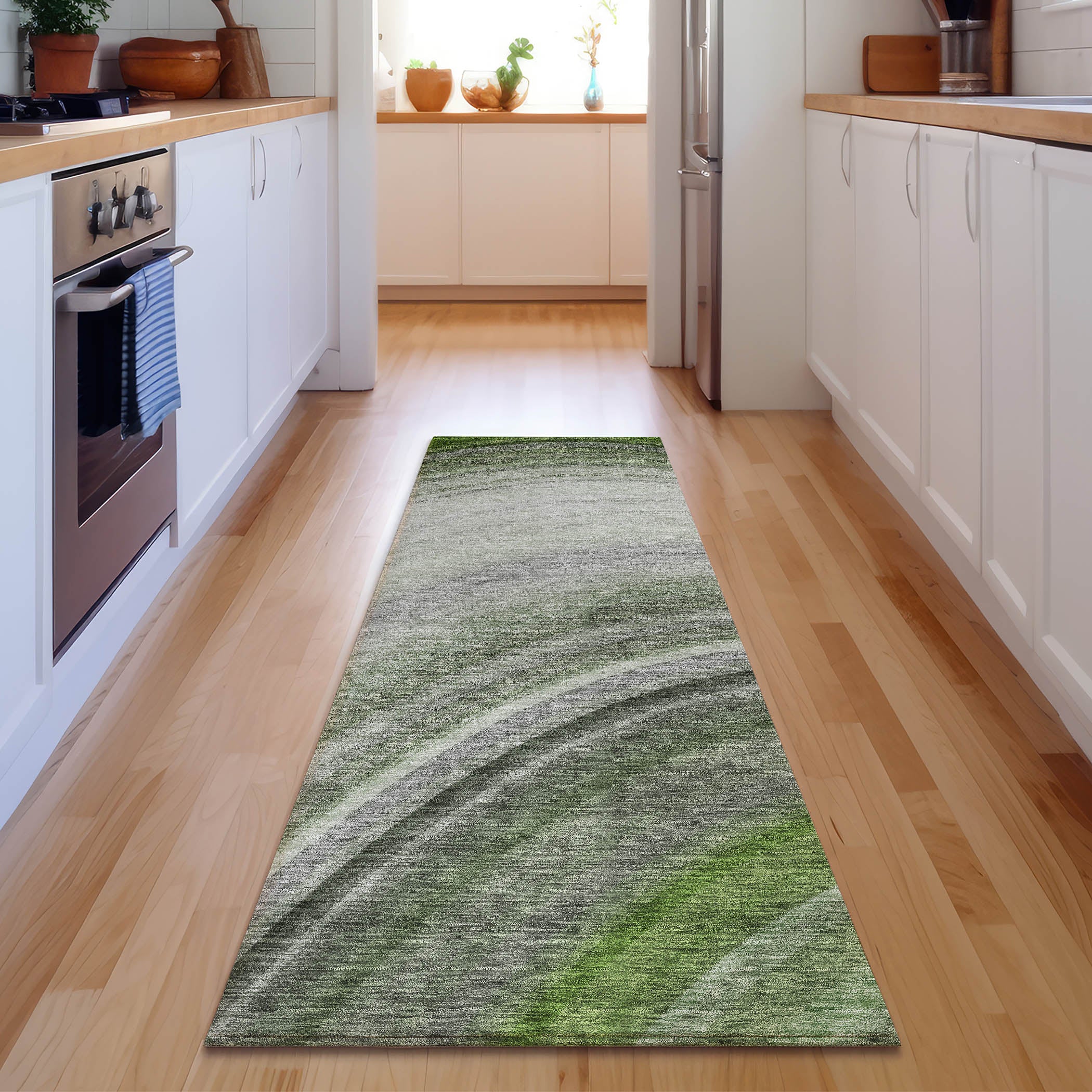 Mdina Machine Washable Transitional Green Rug 2'3" x 7'6" #shape_Runner