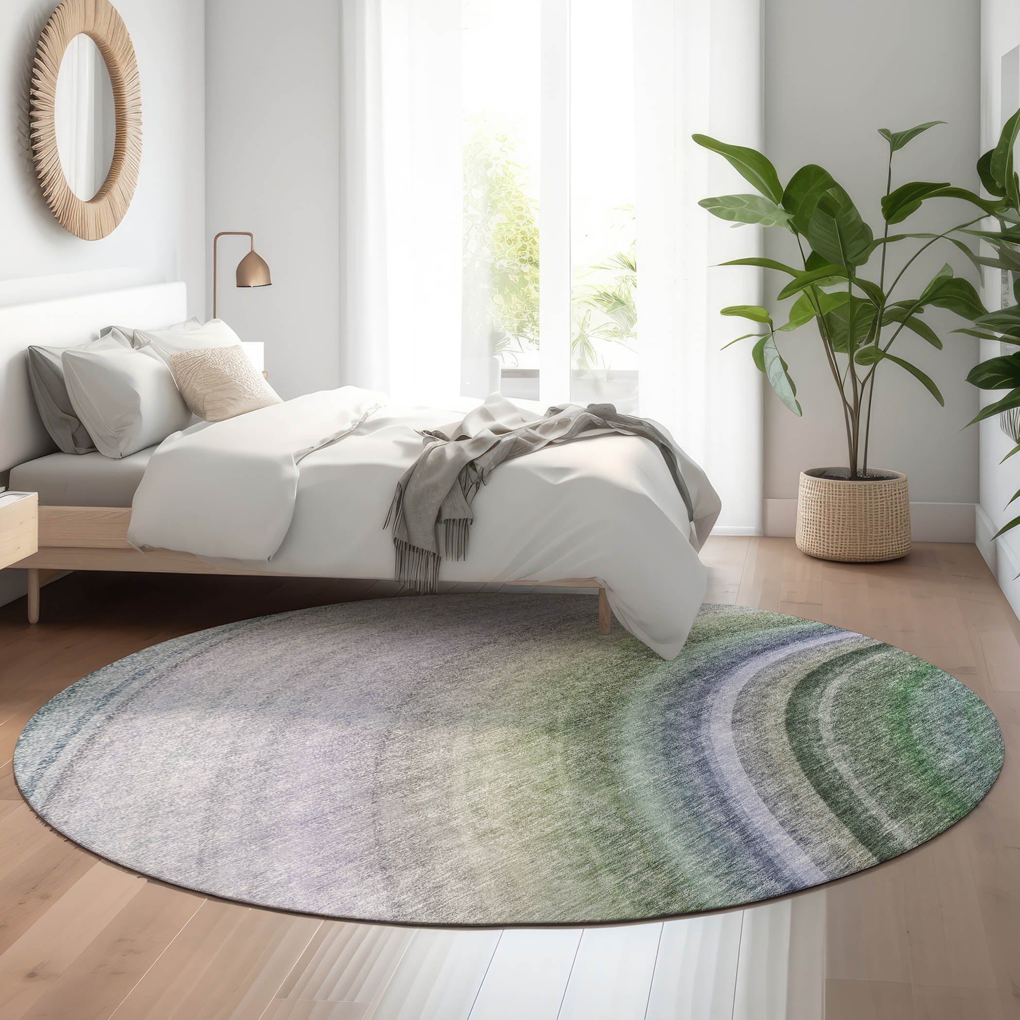 Mdina Machine Washable Transitional Teal Rug 8' x 8' #shape_Round