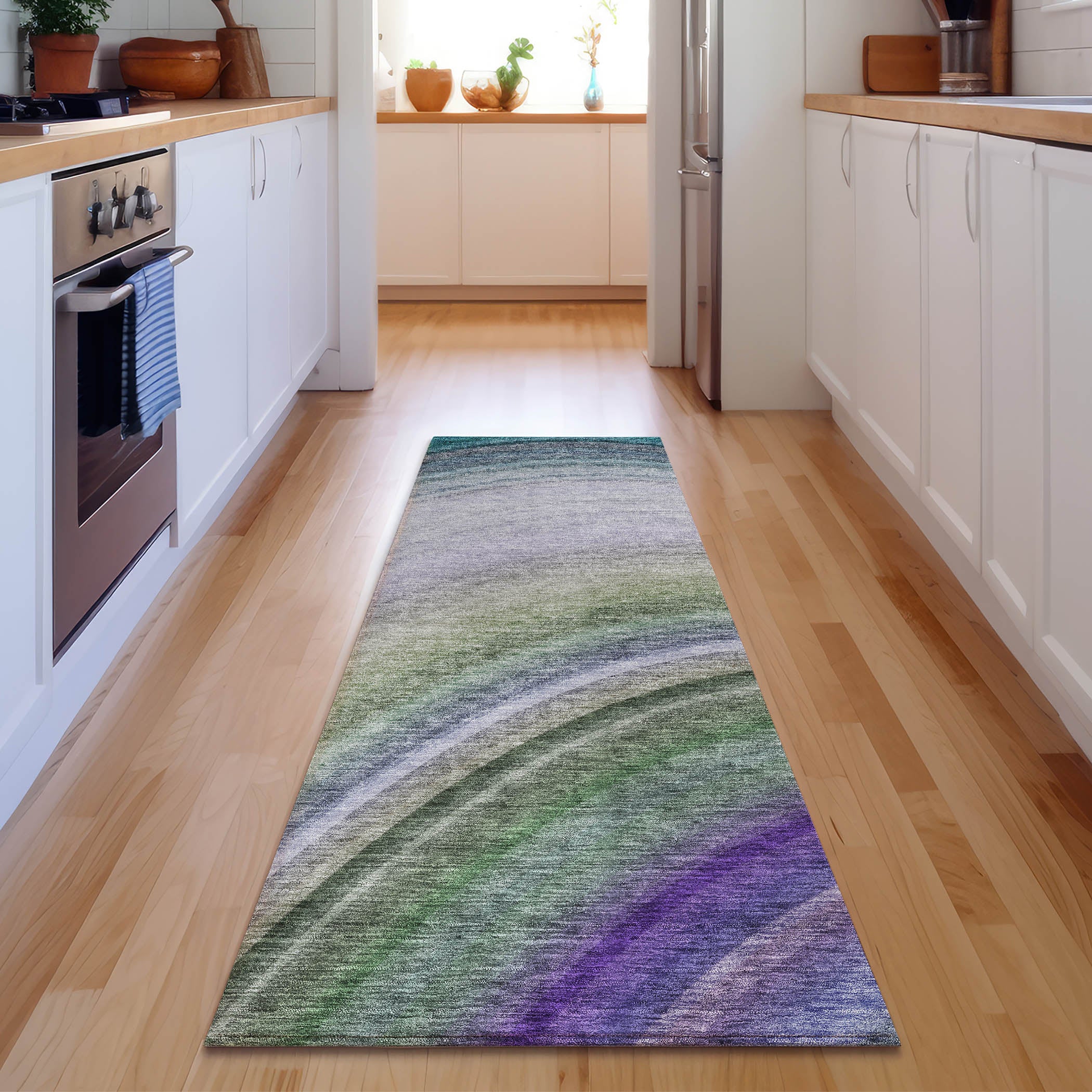 Mdina Machine Washable Transitional Teal Rug 2'3" x 7'6" #shape_Runner