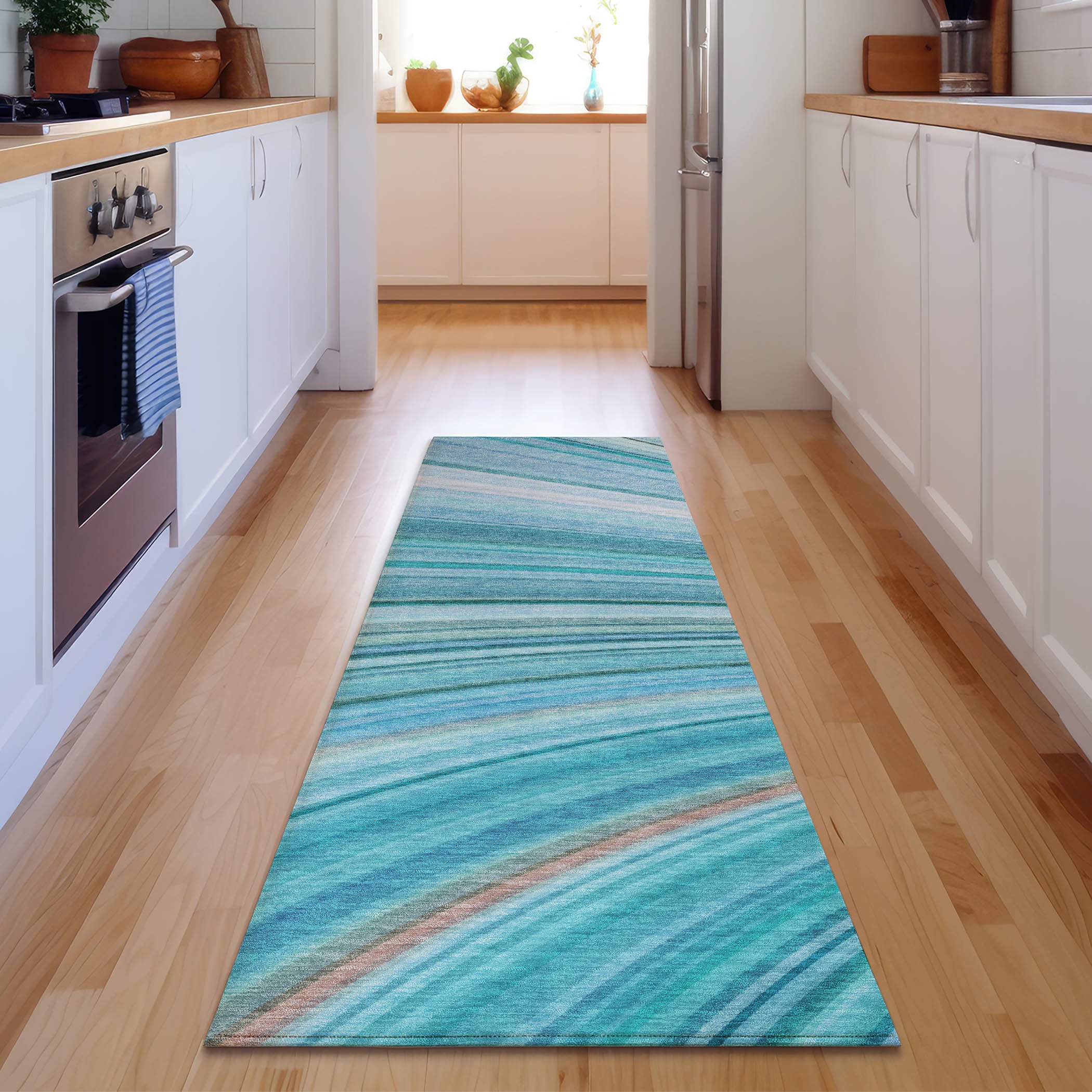 Lucerne Machine Washable Transitional Teal Rug 2'3" x 7'6" #shape_Runner