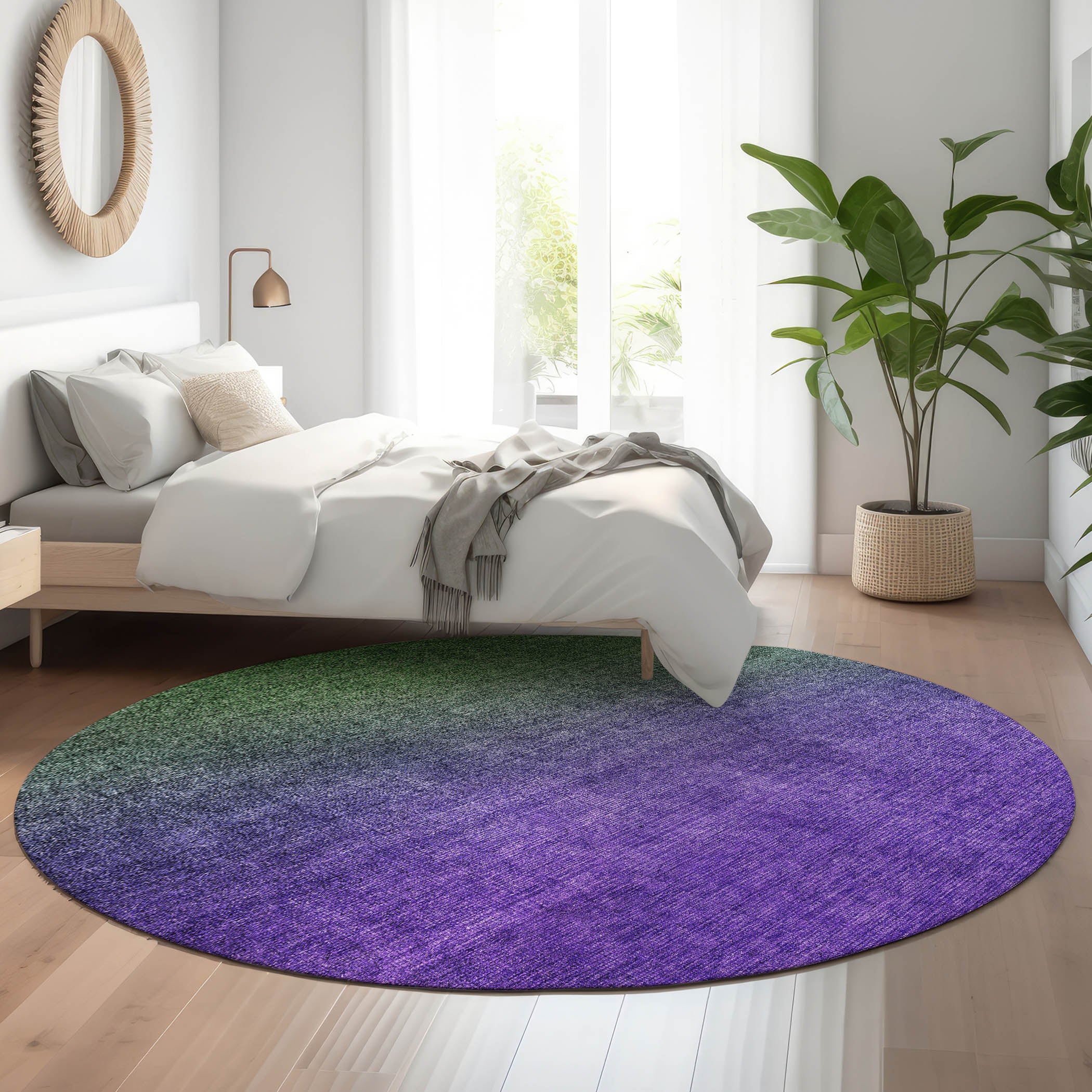 Split Machine Washable Transitional Green Rug 8' x 8' #shape_Round