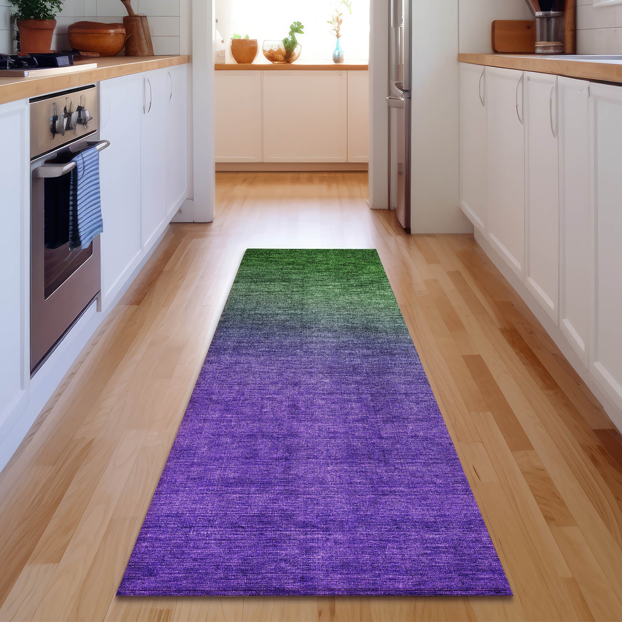 Split Machine Washable Transitional Green Rug 2'3" x 7'6" #shape_Runner