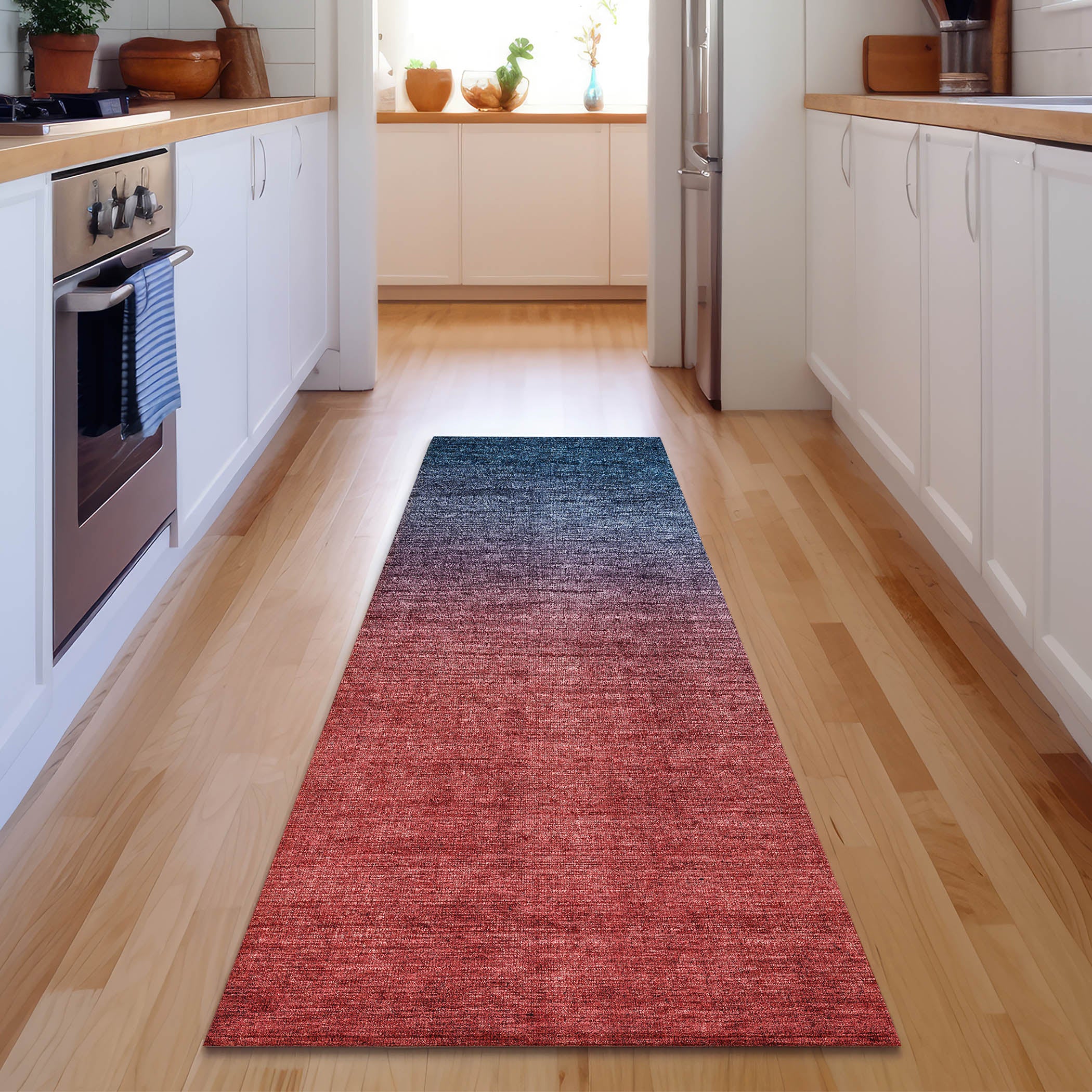 Split Machine Washable Transitional Navy Blue Rug 2'3" x 7'6" #shape_Runner
