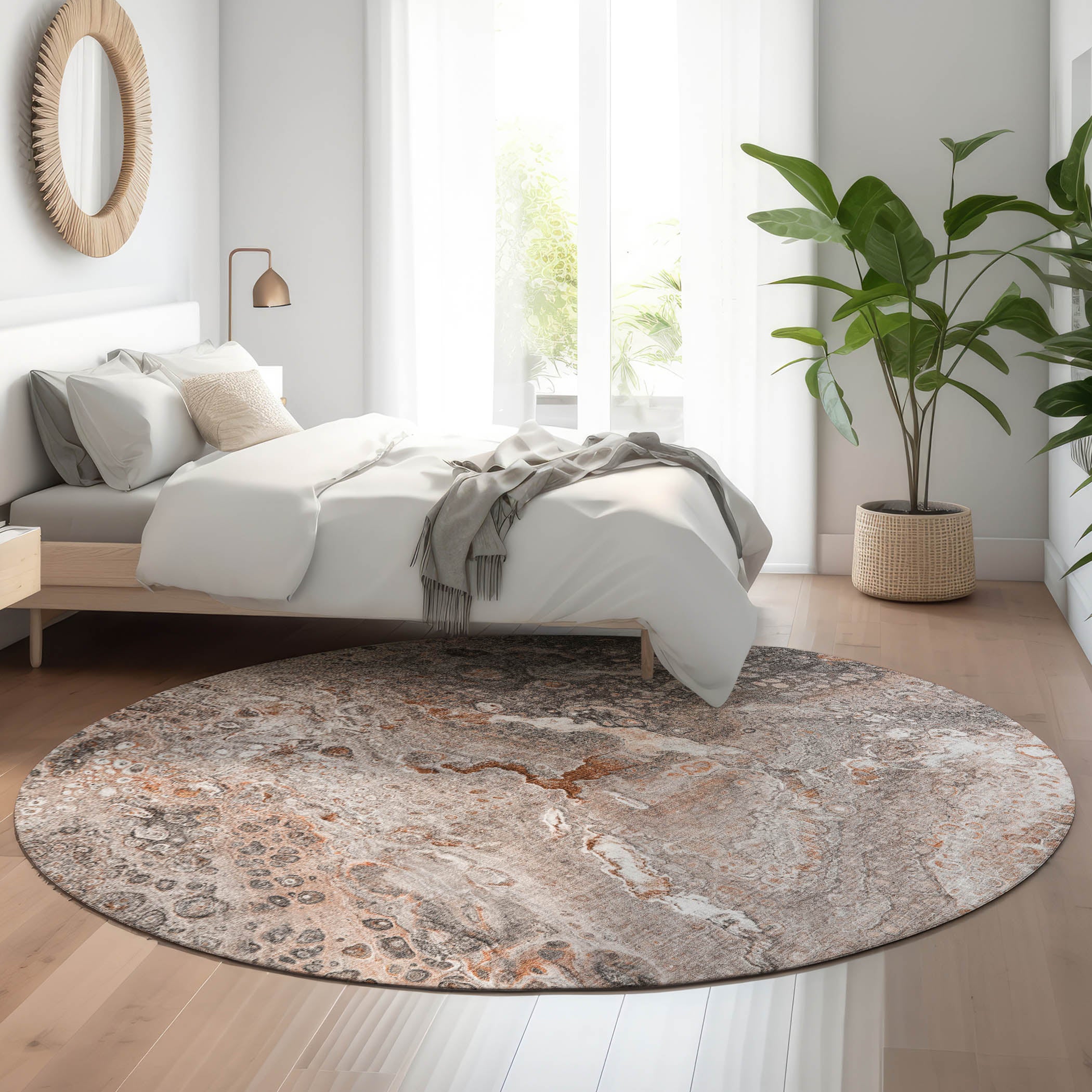 Istanbul Machine Washable Contemporary Terracotta Orange Rug 8' x 8' #shape_Round