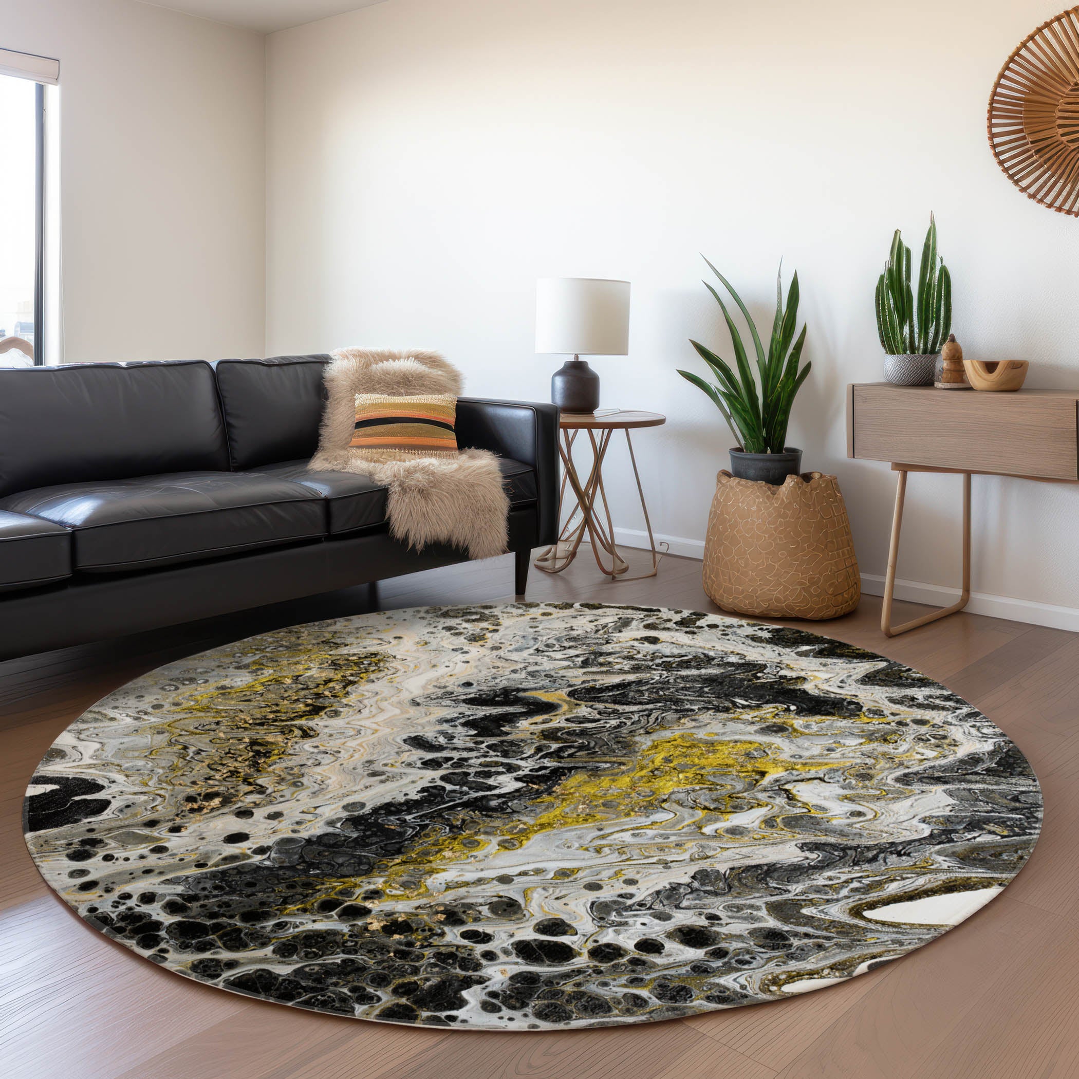 Reykjavik Machine Washable Contemporary Midnight Black Rug 8' x 8' #shape_Round