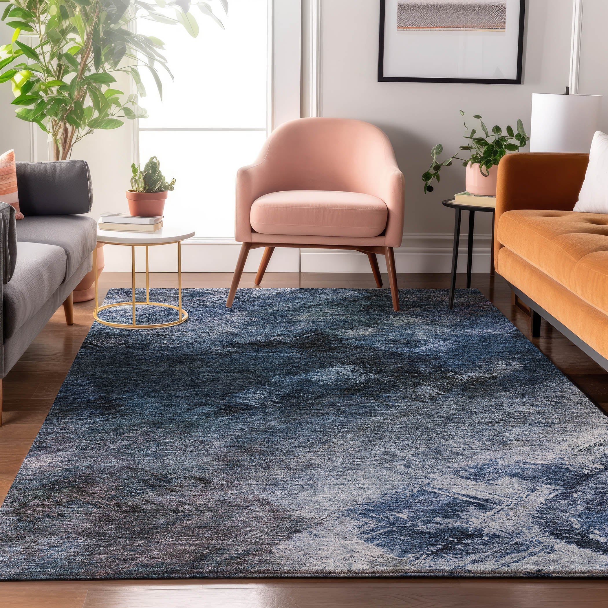 Kyoto Machine Washable Transitional Blue Rug 2'6" x 3'10" #shape_Rectangle
