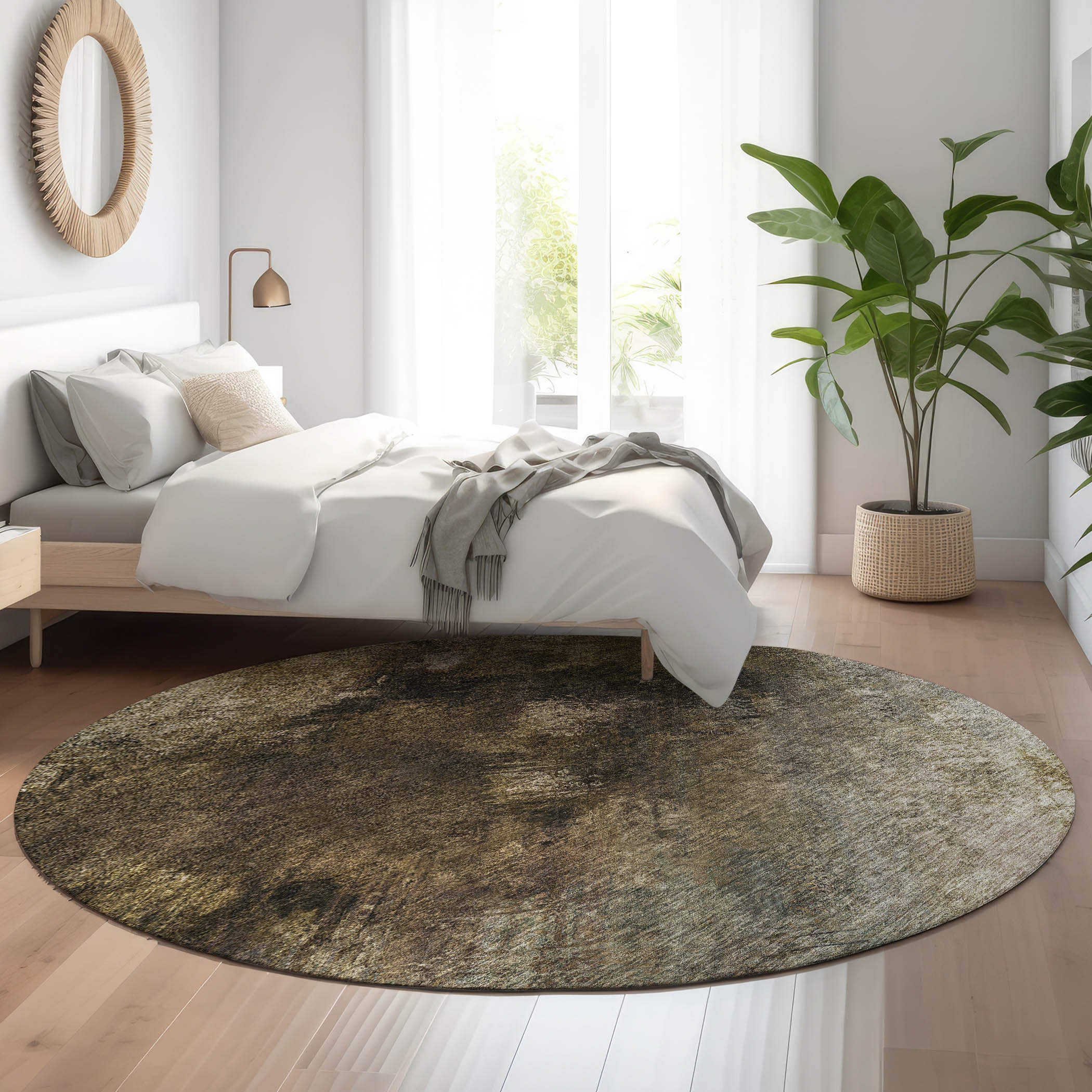 Kyoto Machine Washable Transitional Chocolate Brown Rug 8' x 8' #shape_Round