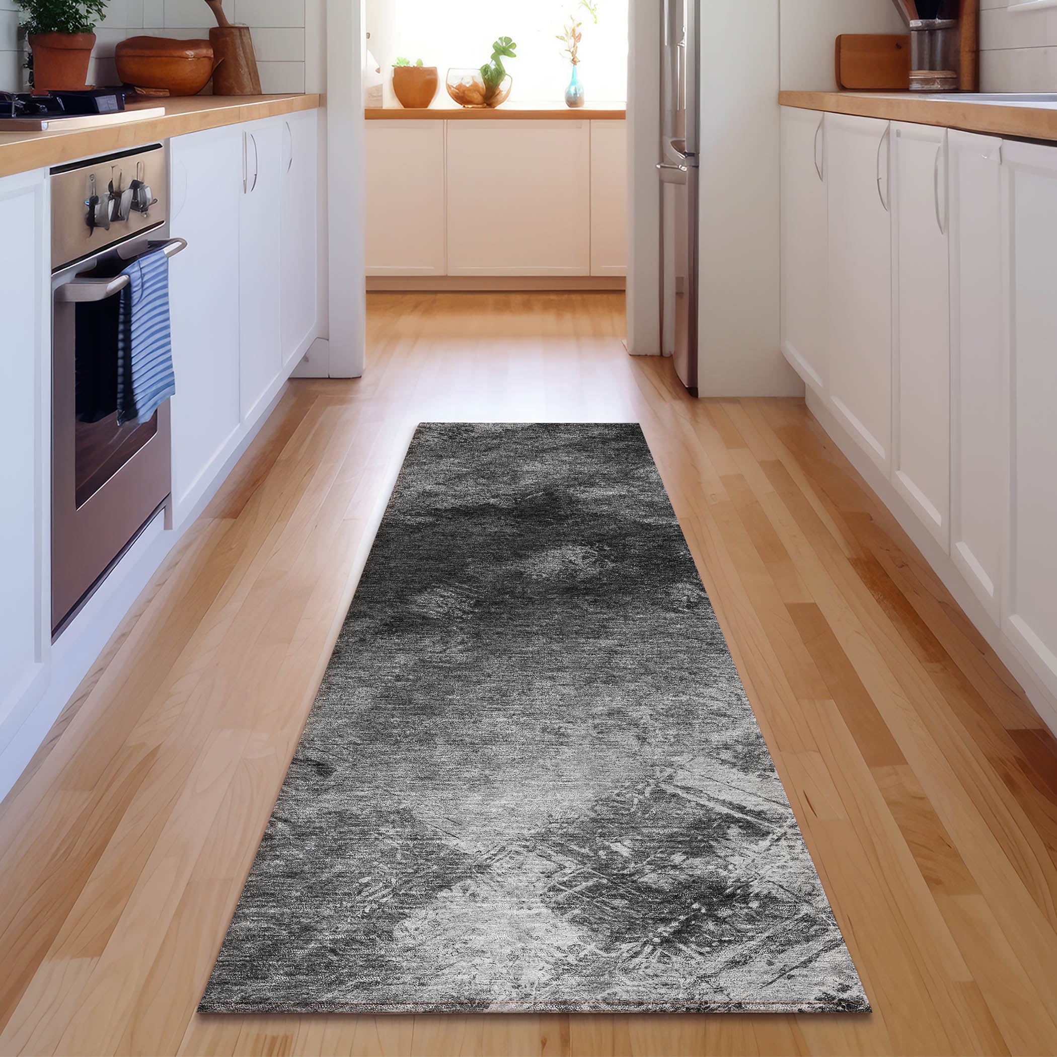 Kyoto Machine Washable Transitional Gray Rug 2'3" x 7'6" #shape_Runner