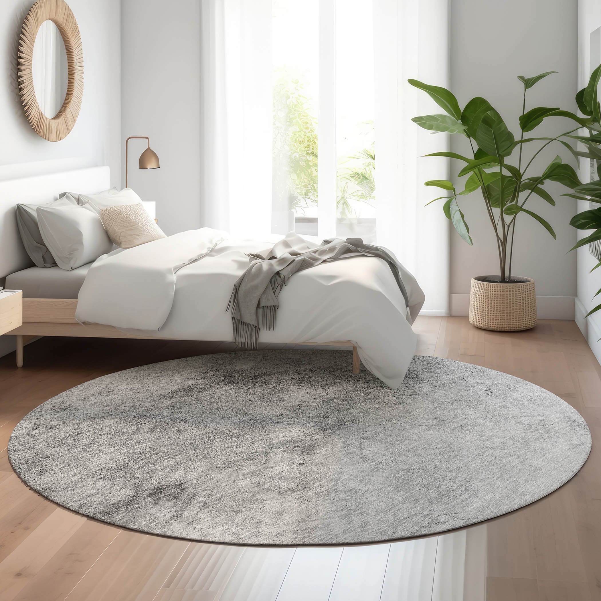 Kyoto Machine Washable Transitional Silver Gray Rug 8' x 8' #shape_Round