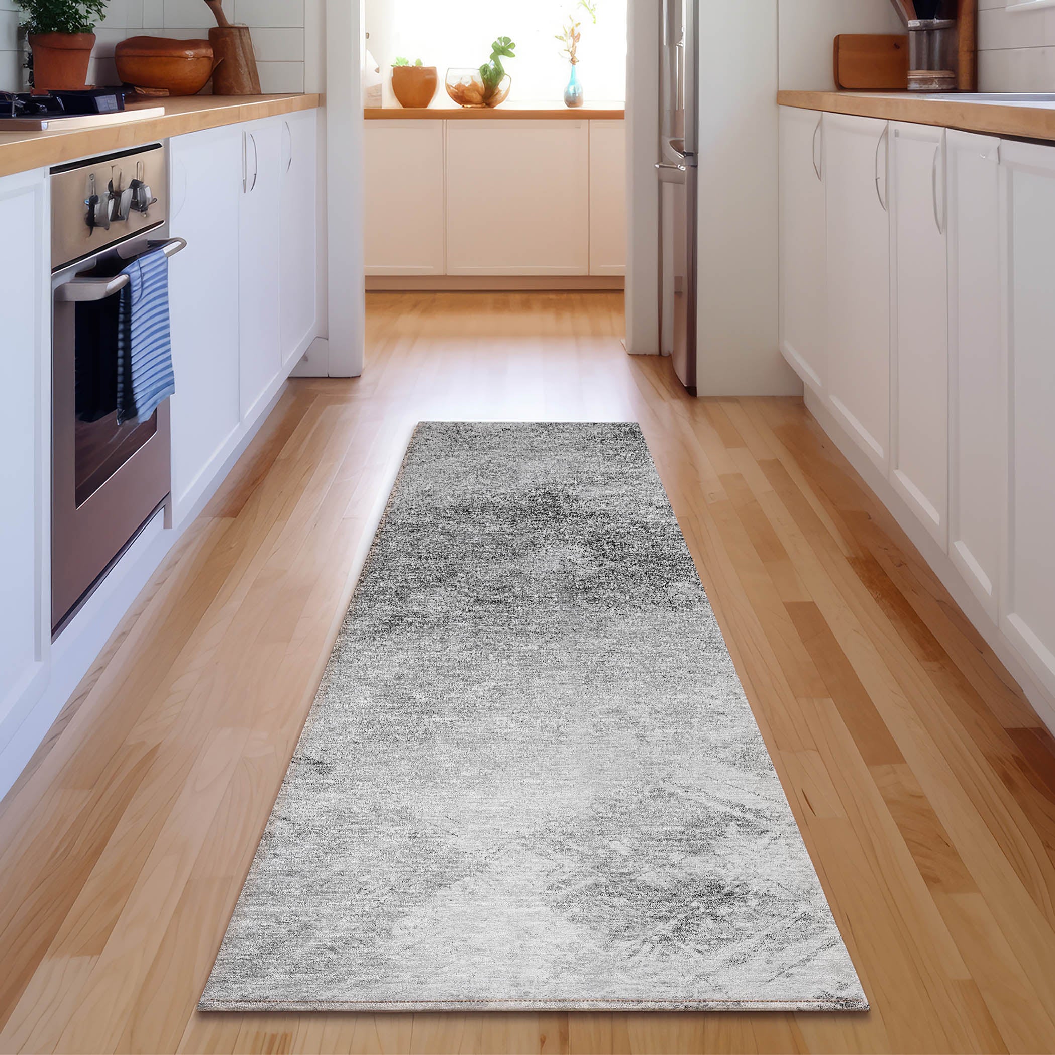 Kyoto Machine Washable Transitional Silver Gray Rug 2'3" x 7'6" #shape_Runner