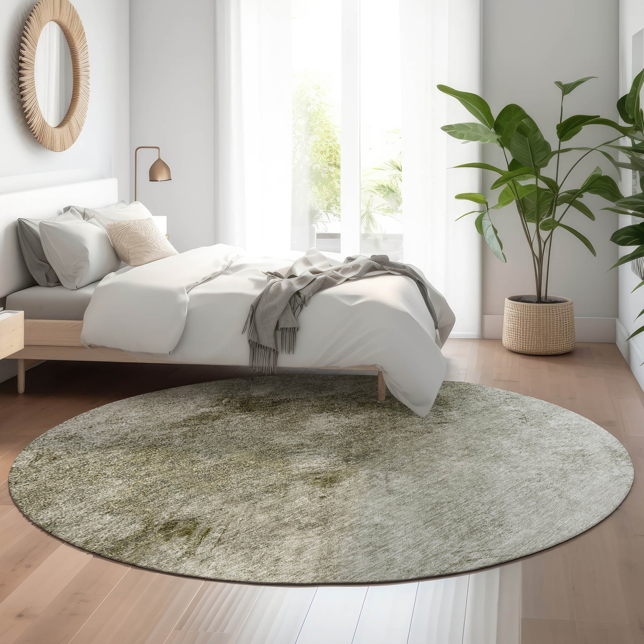 Kyoto Machine Washable Transitional Taupe Brown Rug 8' x 8' #shape_Round