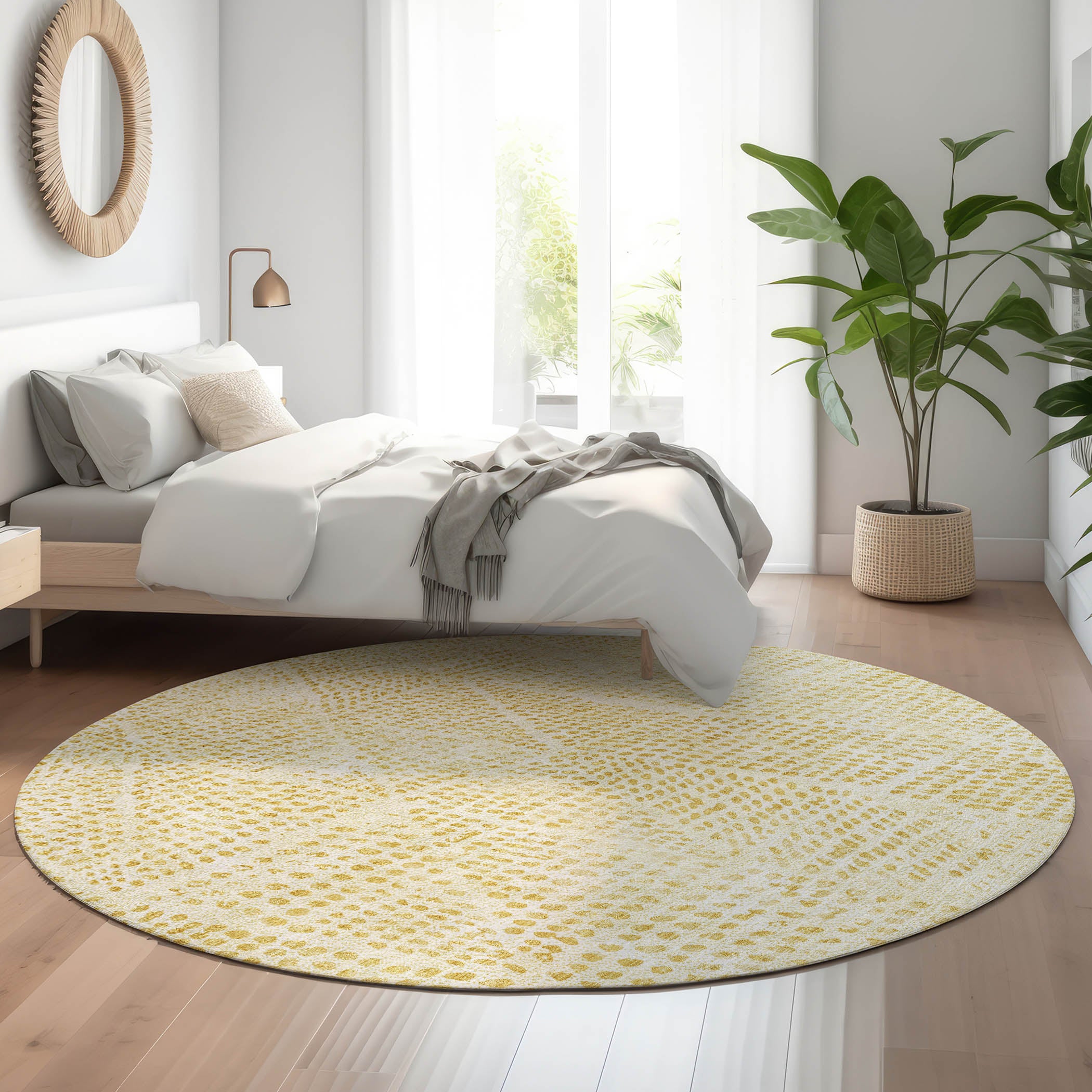 Bern Machine Washable Transitional Wheat Gold Rug 8' x 8' #shape_Round