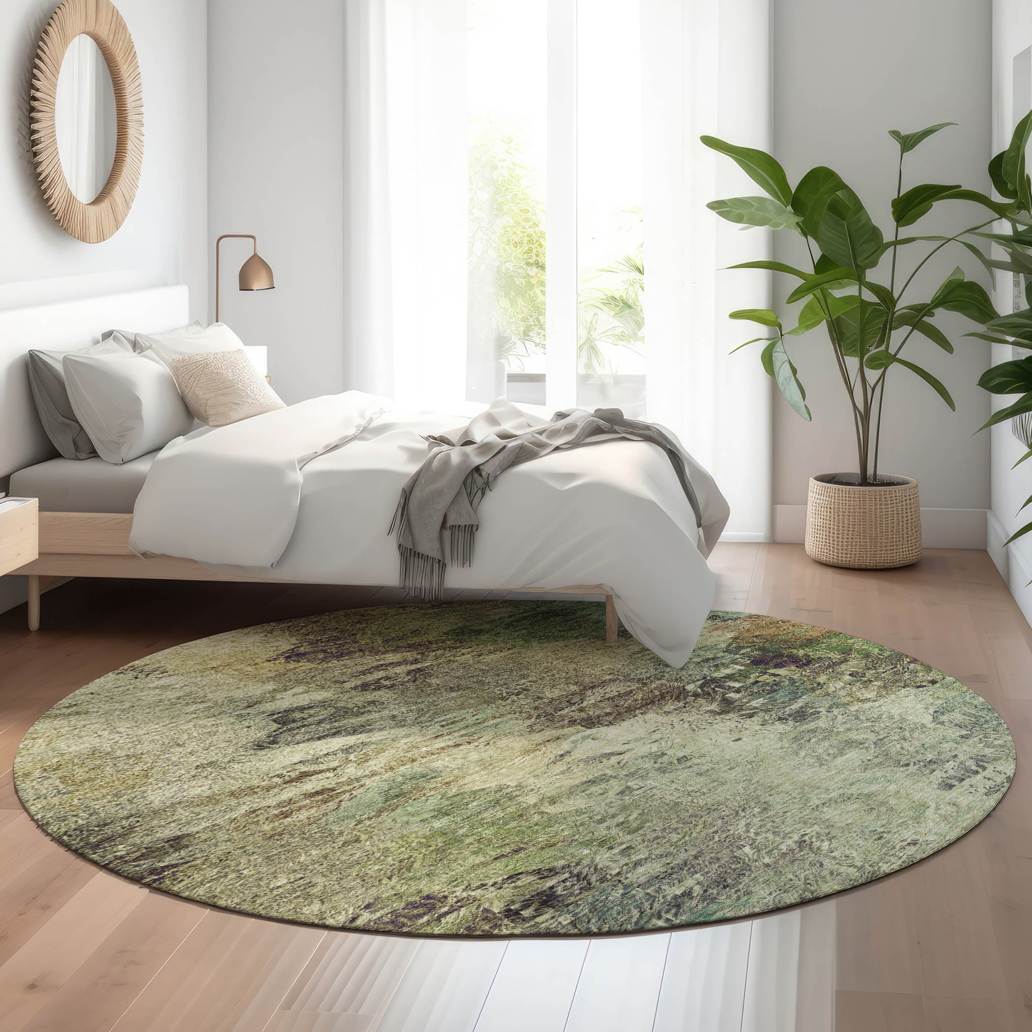 Mdina Machine Washable Transitional Beige Brown Rug 8' x 8' #shape_Round