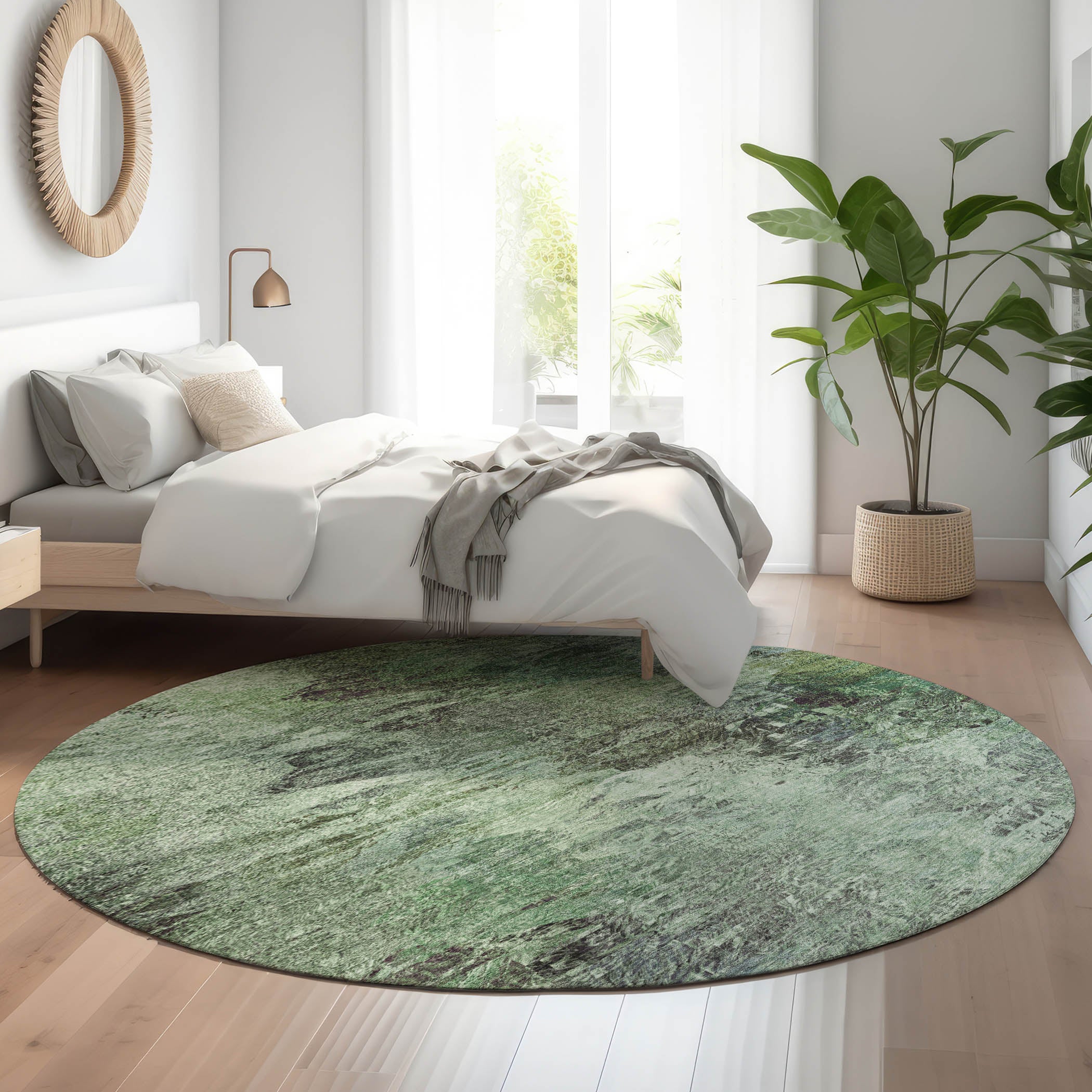Mdina Machine Washable Transitional Green Rug 8' x 8' #shape_Round